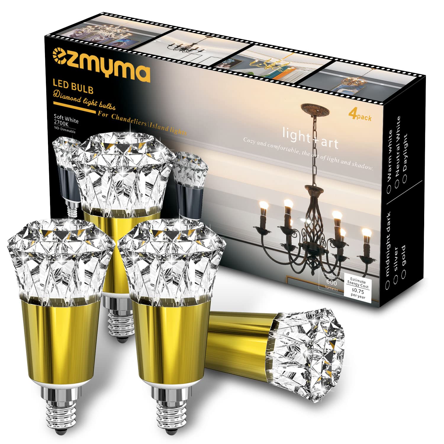 EZMYMA Diamond Chandelier Light Bulbs,5w 600lm 60 watt Equivalent,2700K Soft White,Non Dimmable,Decorative Light Bulbs,E12 Candelabra Led Light Bulbs,Gold,4Pack