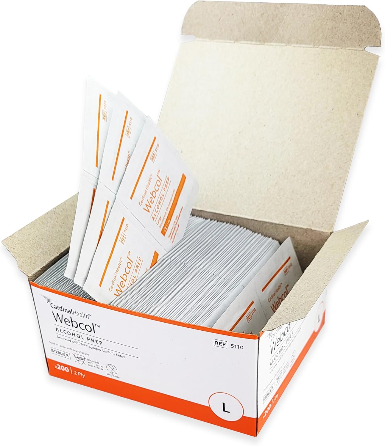 Open box of Webcol Alcohol Prep Pads showing individually wrapped pads inside.