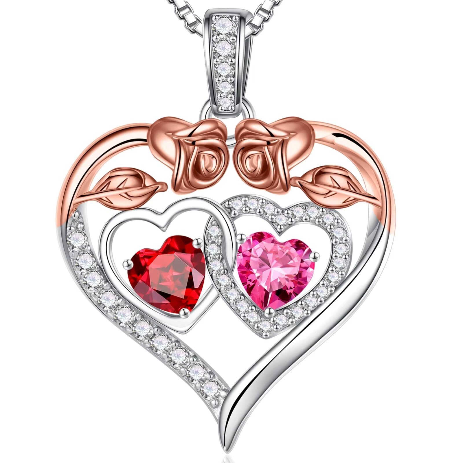 Iefil Birthstone Necklaces for Women - 925 Sterling Silver Rose Heart Necklaces for Women, Anniversary Birthday Gifts for Wife Girlfriend Mom