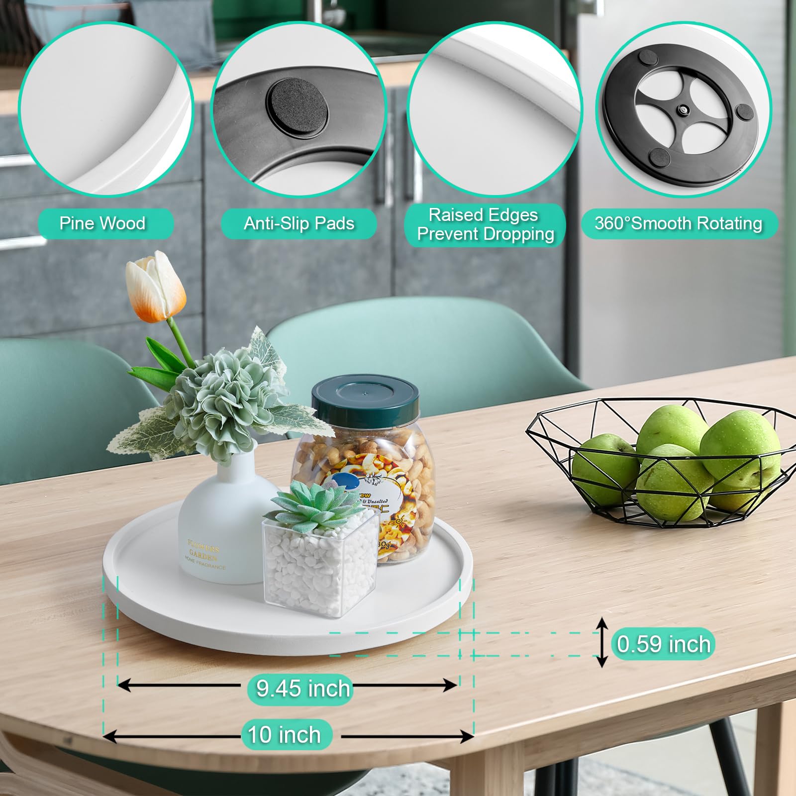 Plateau tournant Lazy Susan de 25,4 cm pour armoire – Bivvclaz Lazy Susan en bois pour armoire, table, garde-manger, comptoir, placard ou organisation de salle de bain – Plateau décoratif de ferme
