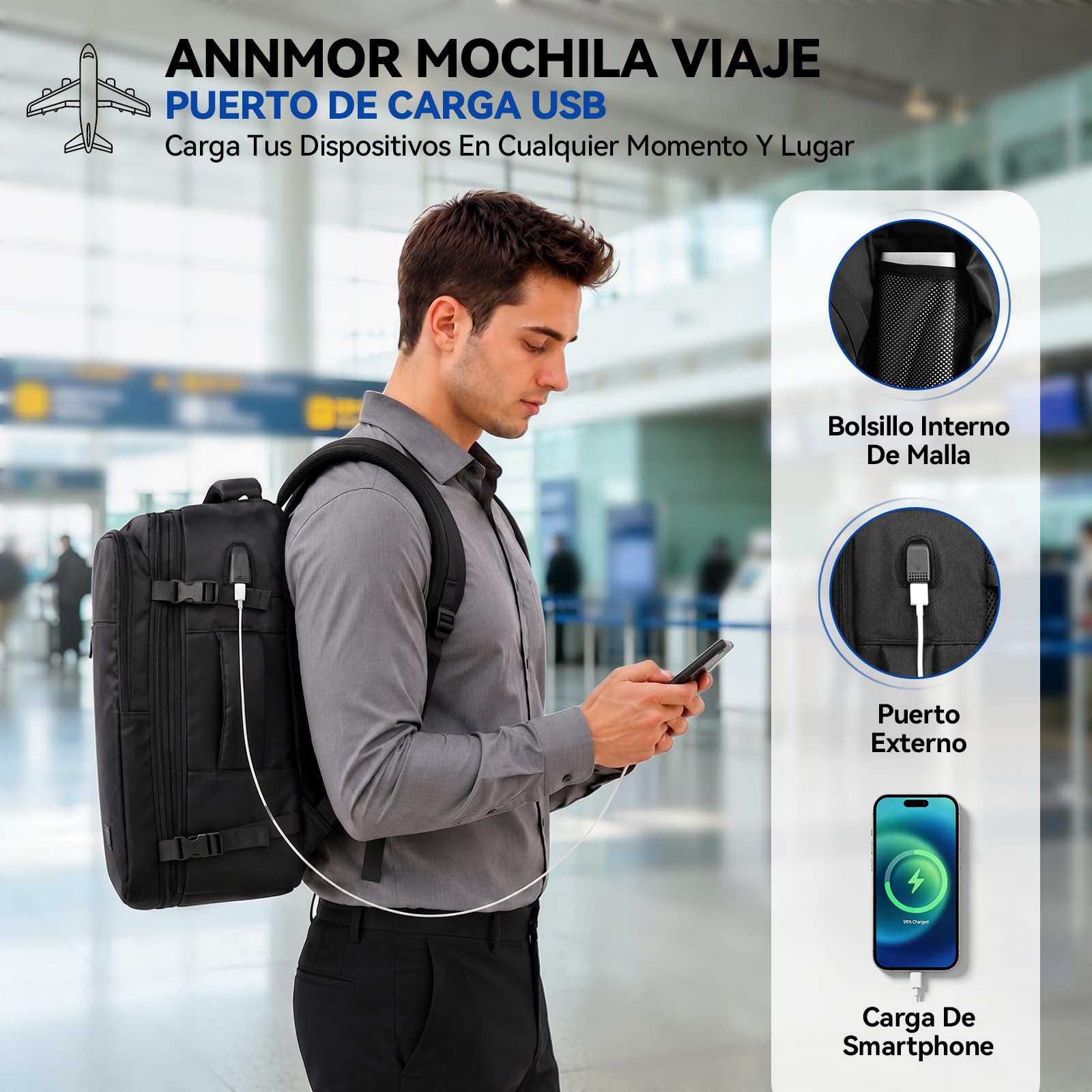 Mochila Viaje Cabina Avion 40x30x20, Extensible Mochila Viaje hasta 30L Cumplir con Ryanair, Vueling, Compartimento para Portátil 15.6" y Puerto USB - Ideal para Viajes Cortos y Fines de Semana