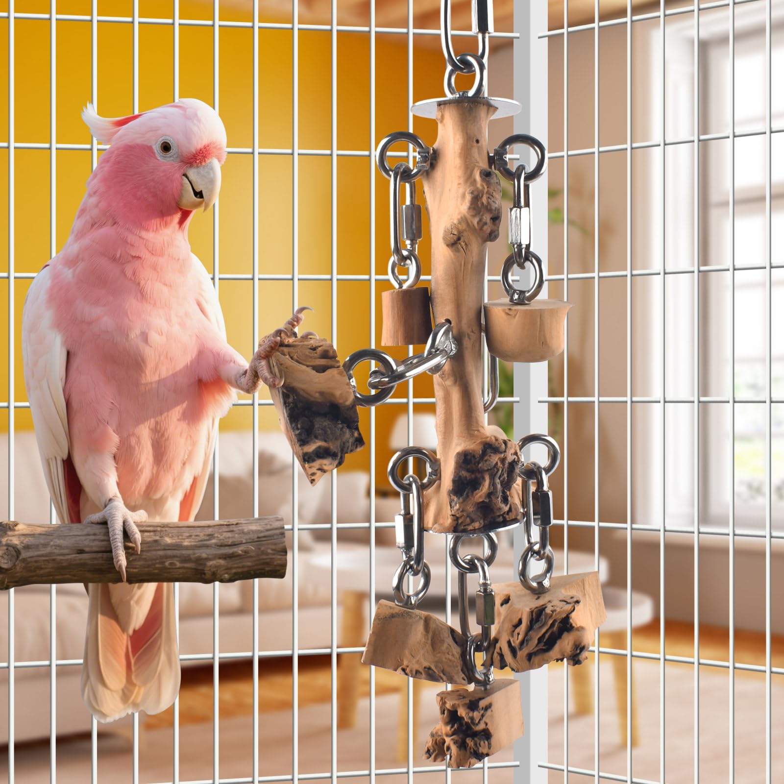 Bird Toys for Parrot, Durable Stainless Steel Large Birds Chew Toy, Hanging Detachable Natural Hardwood Blocks for Medim to Large Eclectus, African Greys, Amazon Parrot, Cockatoo - image 4