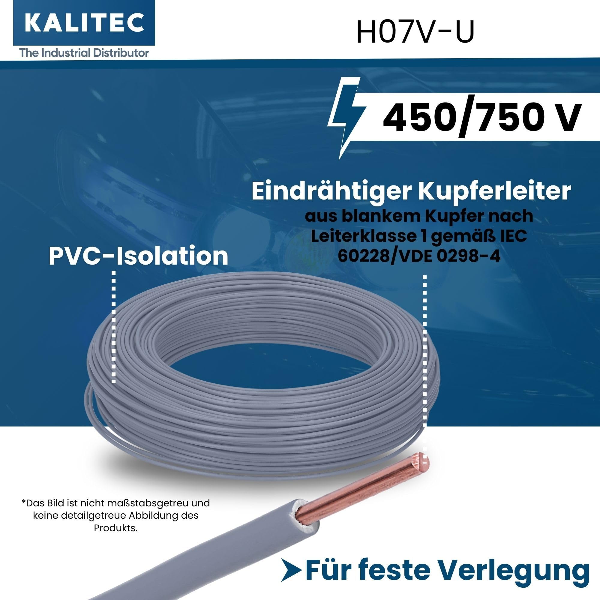 Kalitec 100m Cavo Unipolare H07V-U 1.5 mm² Grigio - Filo Rigido PVC | Cavo monofilo 450/750V per cablaggio interno di macchine e quadri elettrici. Posa sicura in tubi protettivi e impianti.