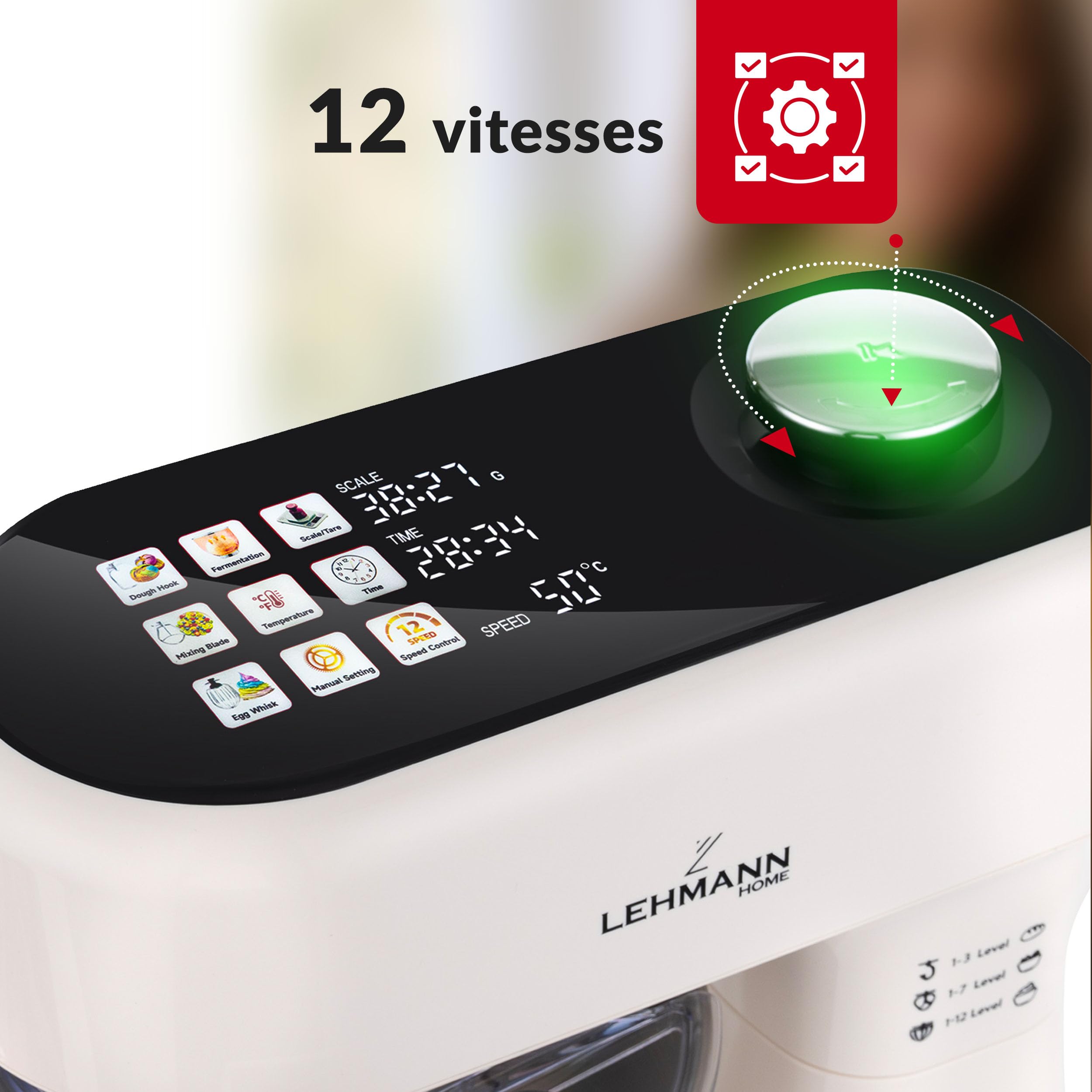 LEHMANN Robot Pâtissier avec Écran, 1500W, Bol Mélangeur 5L avec Fonction Fermentation et Chauffage, Balance Intégrée, 12 Vitesses, Minuterie, 3 Mélangeurs - Fouet, Batteur, Crochet, Beige