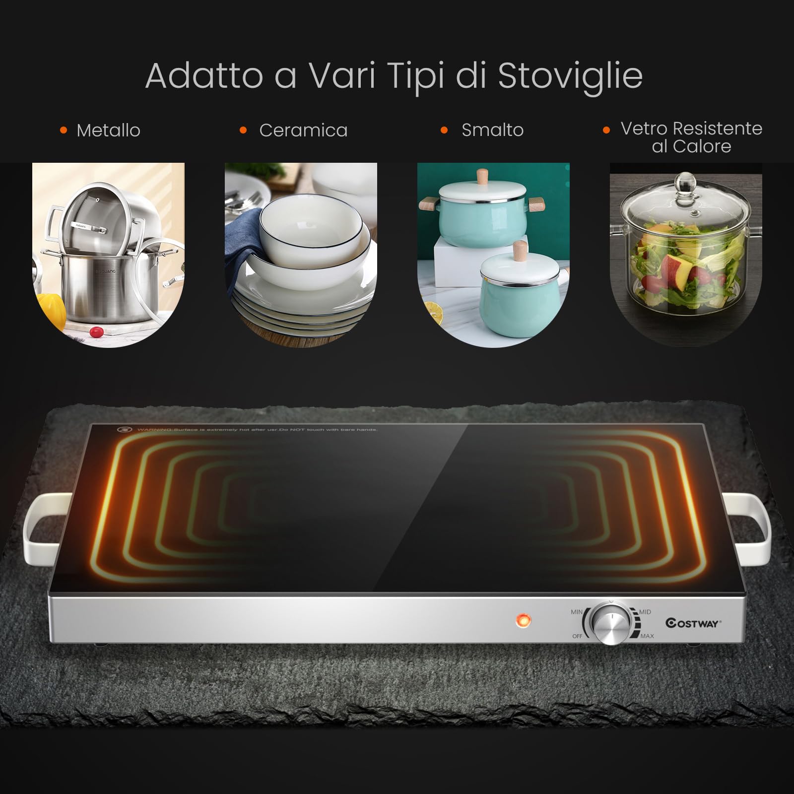 COSTWAY Vassoio Scaldavivande Elettrico, Vassoio Riscaldante in Acciaio Inox con Piano in Vetro Resistente alle Alte Temperature, Maniglie Antiscottatura, per Casa e Festa