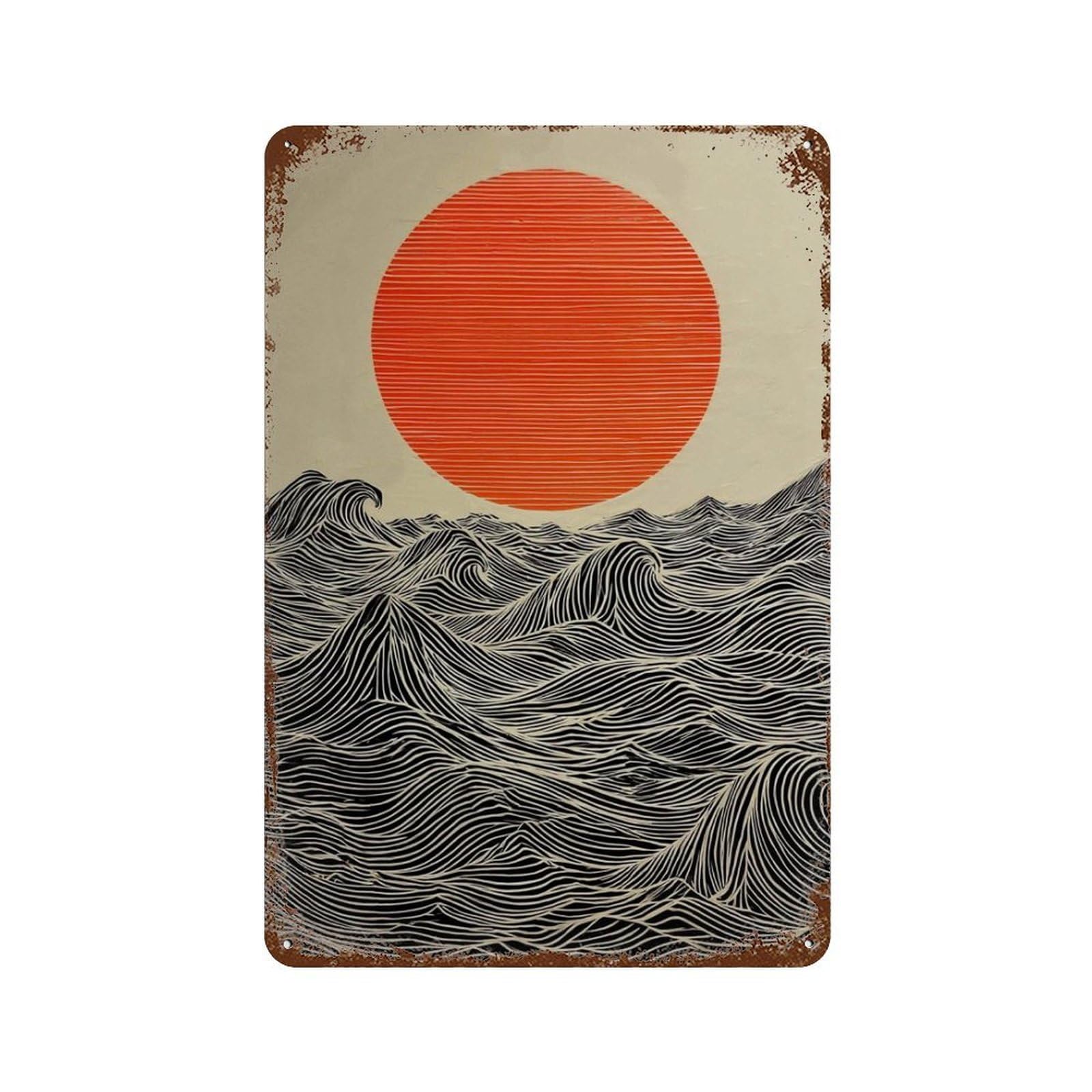 xiaoxiaoshen Sun And Waves – Modern Minimalist Ocean Abstract Japanese Style Work Bold Contem Wall Decor Art Metal Tin Poster Modern Home Decor Art Home Bar Shop Decorations Vintage Sign 30x20cm