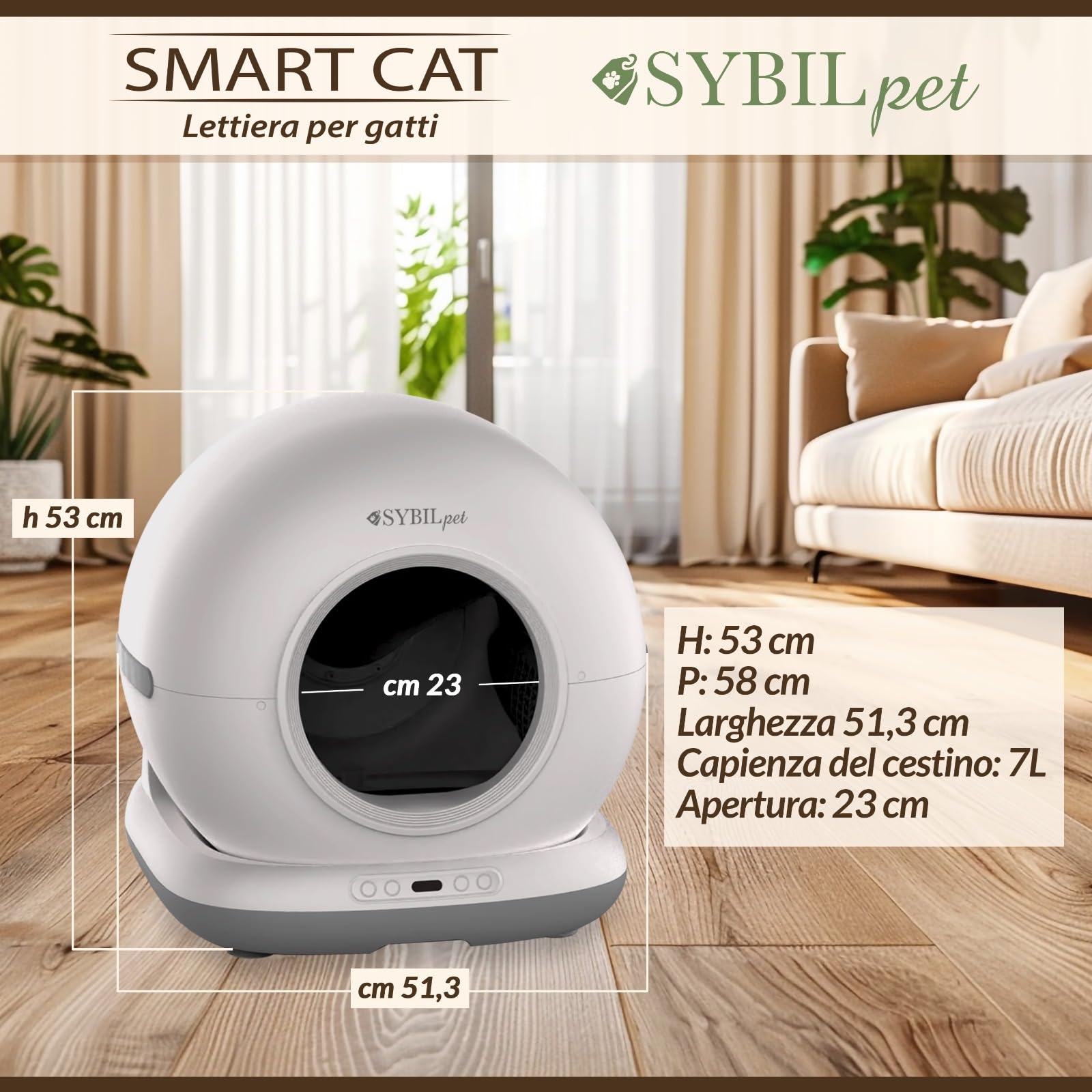 SYBILPET Lettiera Gatto Autopulente Automatica, Antiodore, Capacità Massima 72L con Monitoraggio App e Deodorante Sostituibile per un Ambiente Fresco e Privo di Odori.