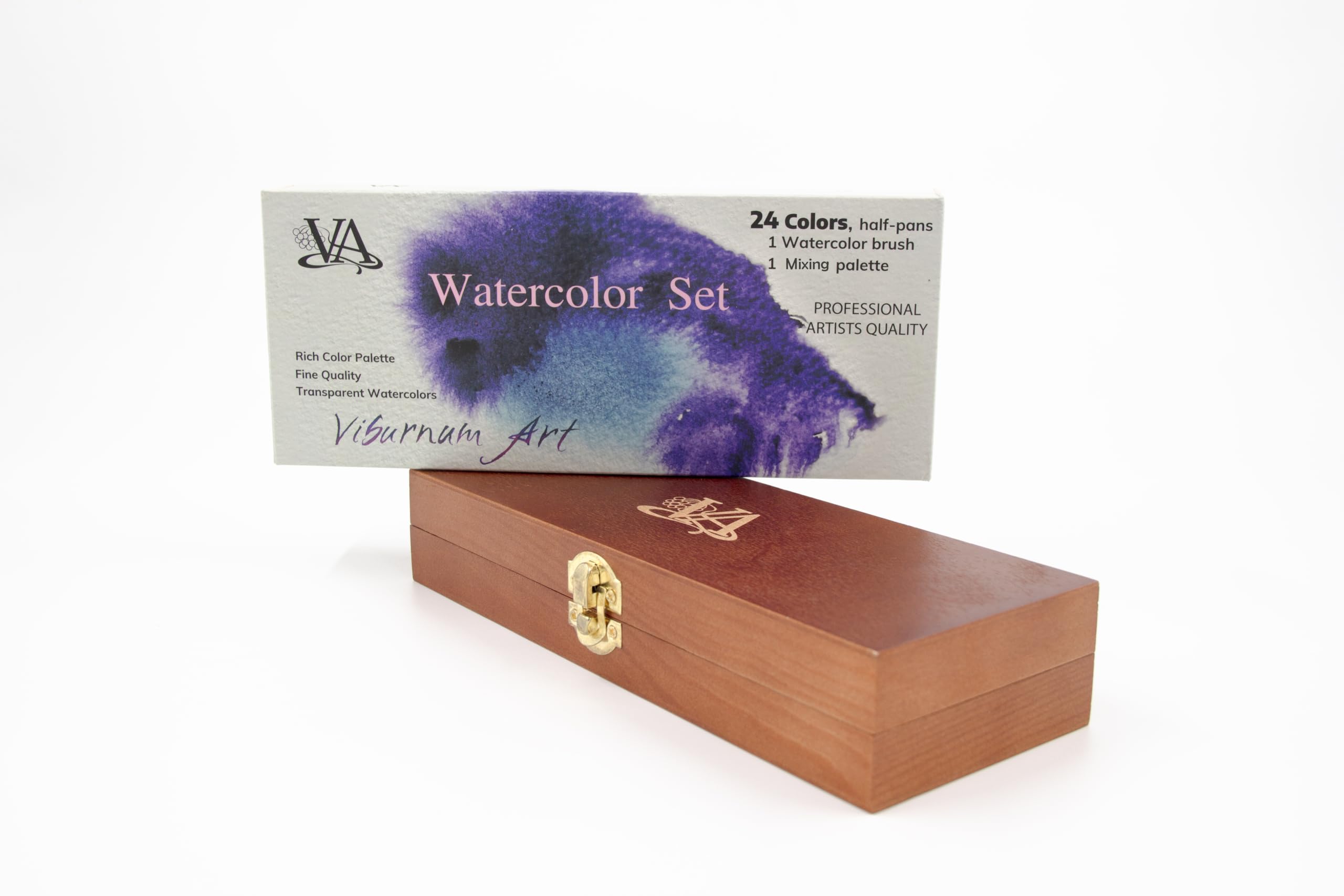 Professionelles Aquarellfarben-Set – 24 halbschalige, hochpigmentierte transparente Wasserfarben mit #4 synthetischem Aquarellpinsel, Mischpalette und Holzbox – Künstlerqualität Reise-Aquarell-Set