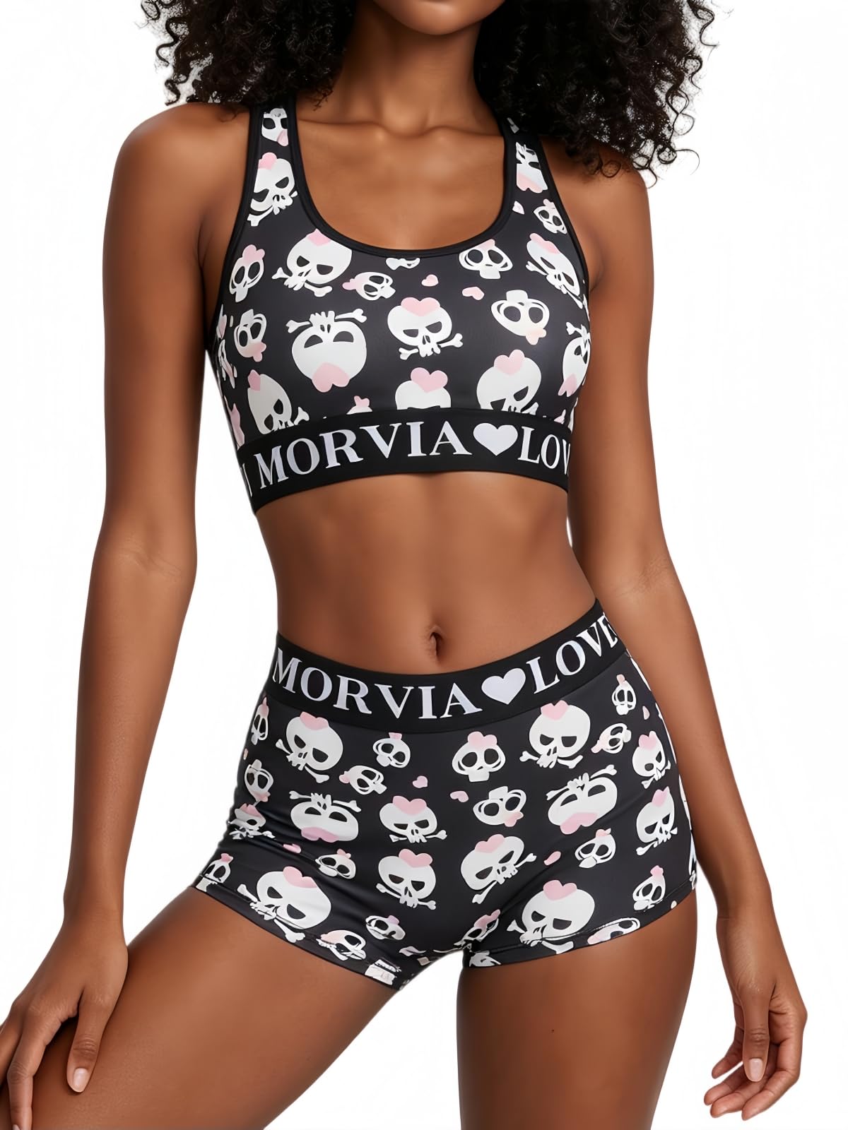 Morvia Women's 2 Piece Sport Pajamas Set Racerback Bralette and Underwear | Cute Halloween Sweetheart Spooky Allover Print 2 Pcs Underwear Set Boyshorts Panties Wide Waistband Soft and Stretchy Fabric