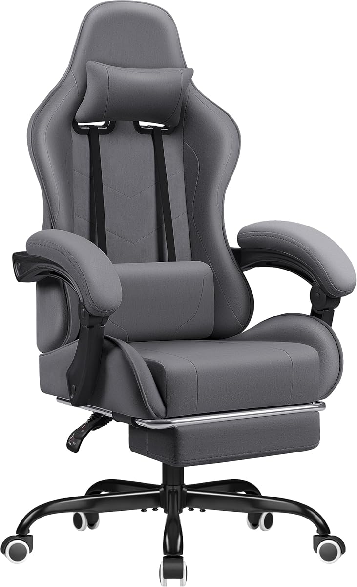 Homall Gaming Chair Fabric with Massage Lumbar Support, Ergonomic Racing Video Game Chair with Adjustable Footrest and Headrest (Grey)