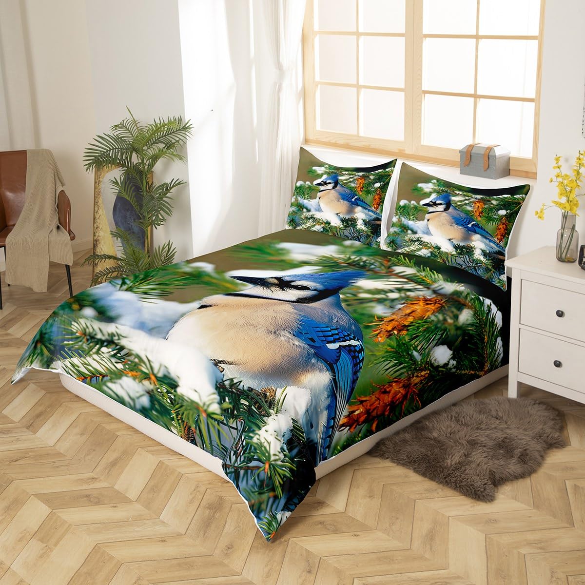 Erosebridal Blue Jay Bedding Set North American Animal Comforter Cover for Child Girls Youth,Spruce Tree Duvet Cover Winter Scenery Home Bedroom Decor Full Size 3Pcs with 2 Pillow Cases