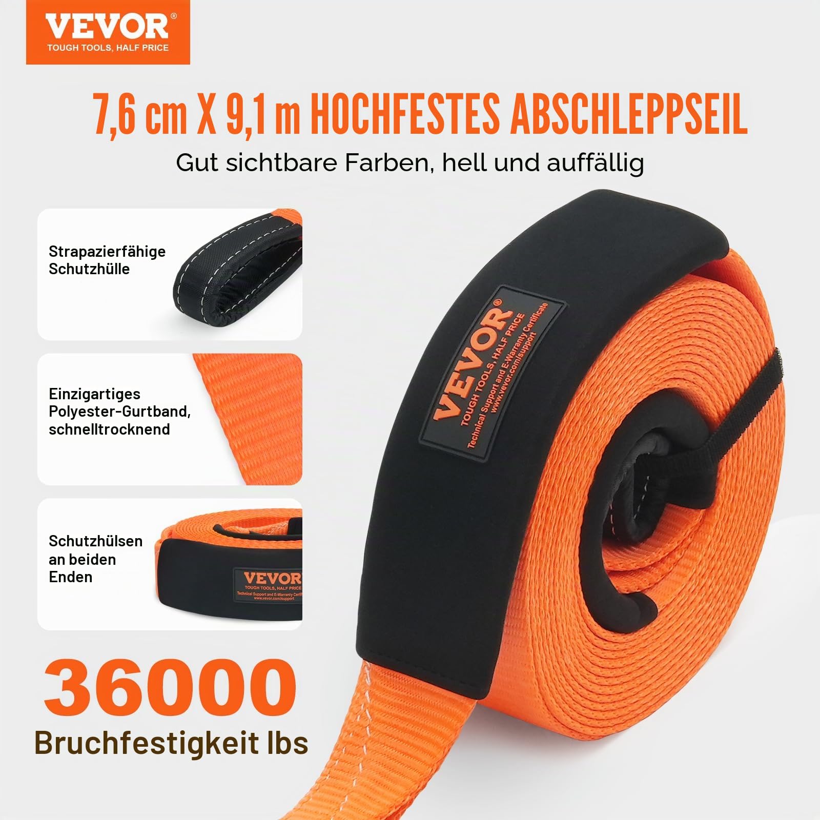 VEVOR Abschleppgurt aus Polyester, 7,6 cm x 9,1 m (16329 kg), Windengurt, dreifach verstärkte Schlaufe, Bergegurt 5,1 cm Anhängerkupplungsaufnahme 1,9 cm D-Ring-Schäkel (2 Stück) Aufbewahrungstasche