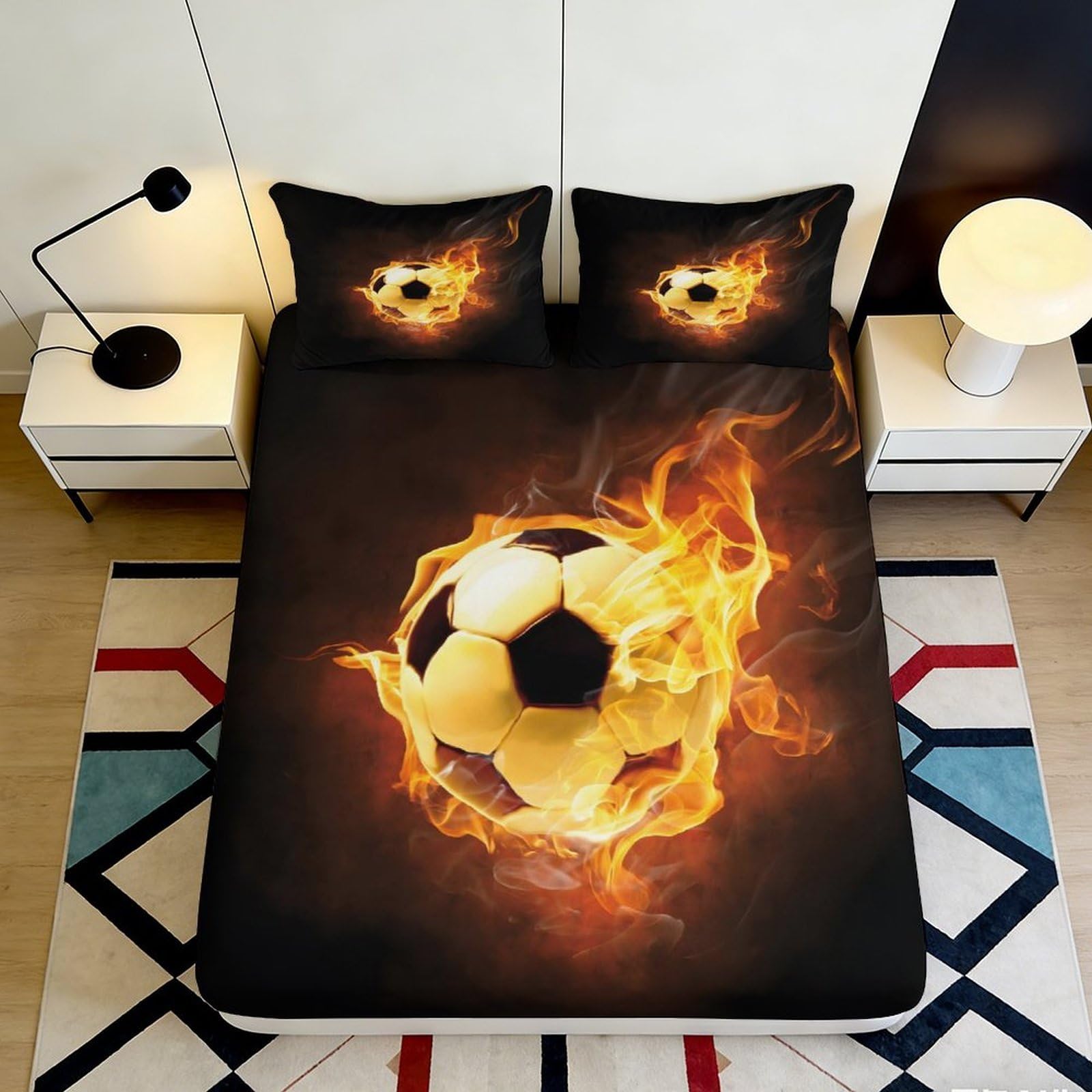 3D Printed Flaming Soccer Ball Fitted Sheet Microfiber Soft Black Fire Sports Bed Cover for Bedroom Dorm Mattress Protection Decor 180x200x25cm
