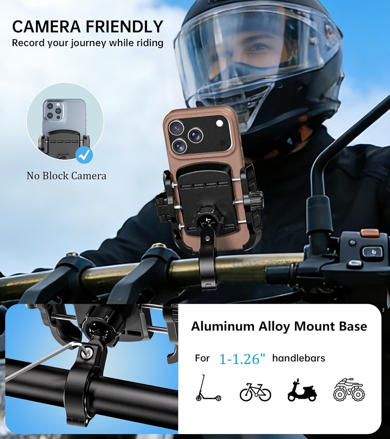 Kewig Motorcycle Phone Mount Holder with Aluminum Alloy Mounting Base, [1s Lock & Release] [Camera Friendly] Bike Handlebar Cellphone Mount for Bicycle Bike Scooter ATV, Fit 5.4-7.2" Smartphone