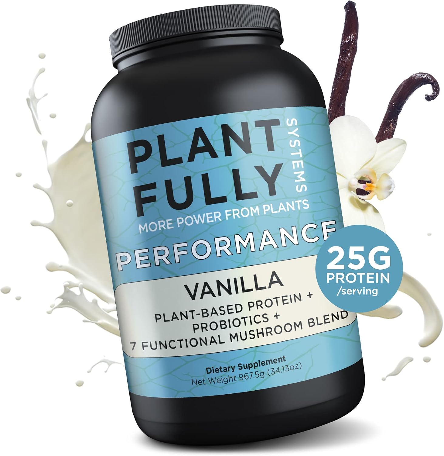 Plantfully Systems - Performance Vanilla Vegan Protein Powder, With 25g Plant Protein, 7 Mushroom Complex, & Probiotics, Low Carb Protein Mix, Gluten-Free Vanilla Powder, Soy-Free, 967.5g