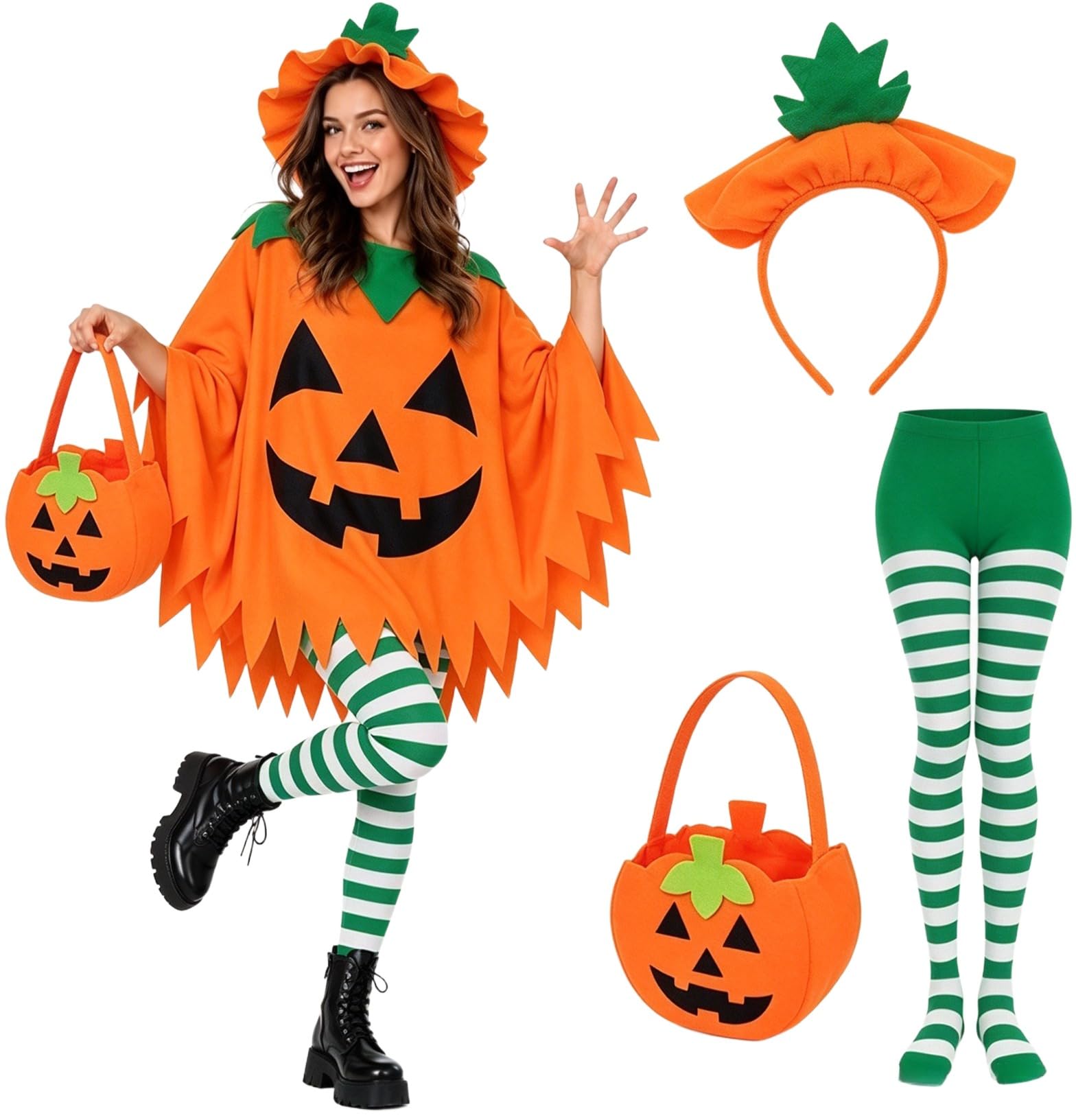 Women Ghost Halloween Costume 4 Piece Set, Adult Ghost Costume with Poncho, Headband, Ghost Bag & Striped Leg Socks, Cute Spooky Fancy Dress Outfit for Women Halloween Party Carnival & Costume Event