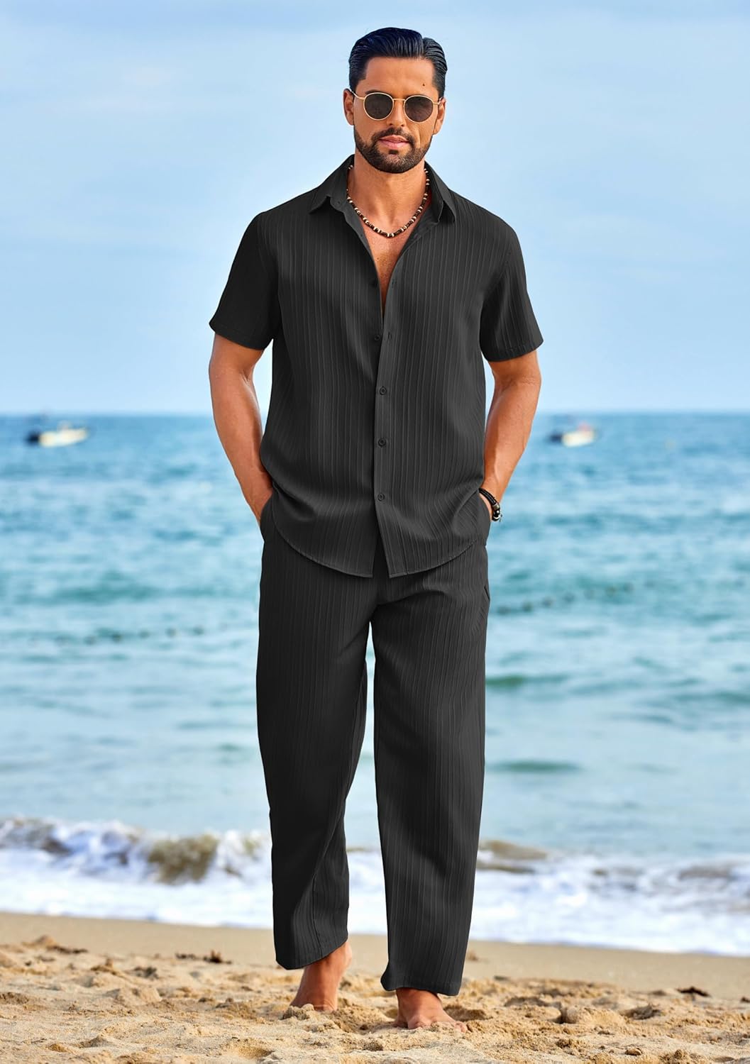 COOFANDY Mens 2 Piece Outfits Casual Summer Beach Textured Button Down Shirt Loose Pants Set - Image 2