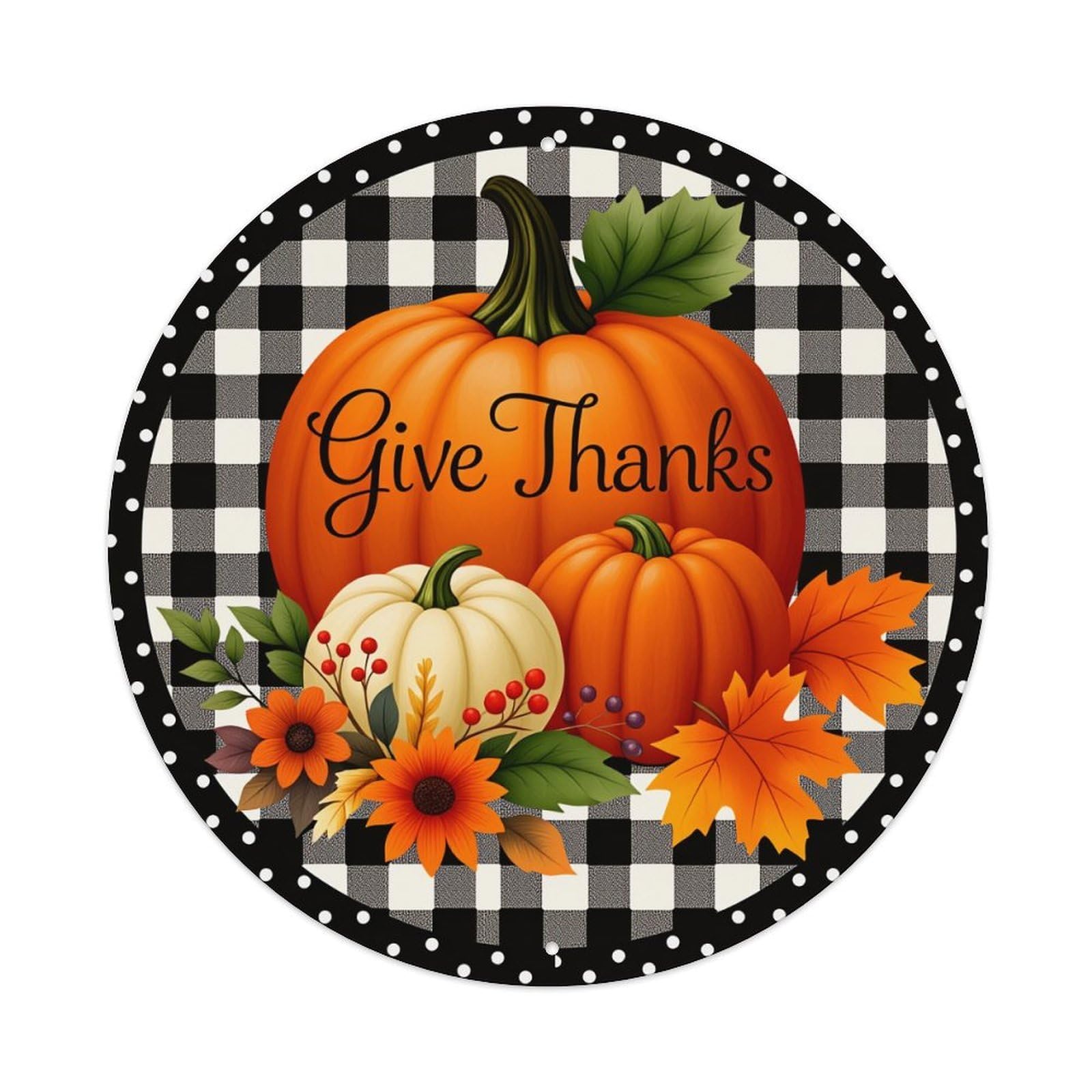Pumpkin Autumn Leaves Flowers Checkered Round Tin Sign Retro Metal Sign for Cafe Bar Pub Home Game Room Gym Club Wall Decoration Vintage Metal Poster 8x8 Inch