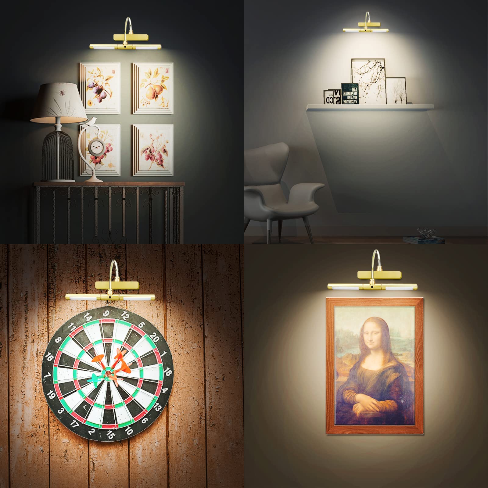 BIGLIGHT Aplique Pared Baño, Luz de Pintar con Mando a Distancia, Brazo Oscilante Regulable de 180°, Marco para Interior, Pantalla LED para Cuadros y Obras de Arte - ORO