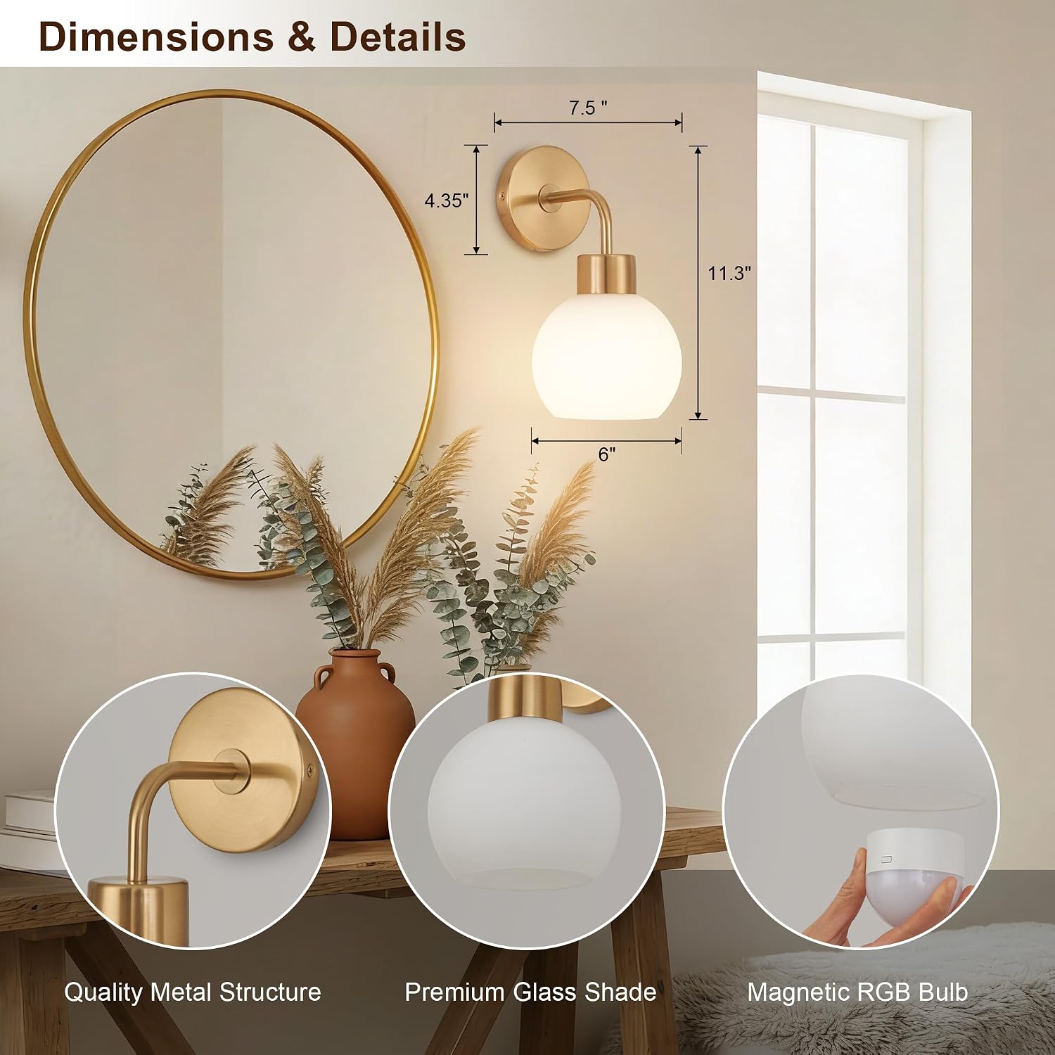 Battery Operated Wall Sconce Set of 2, Gold Wireless Wall Light with Milk White Glass Shade, 3CCT & RGB Rechargeable Magnetic LED Bulb with Remote Control for Bedroom Living Room Hallway Stairway