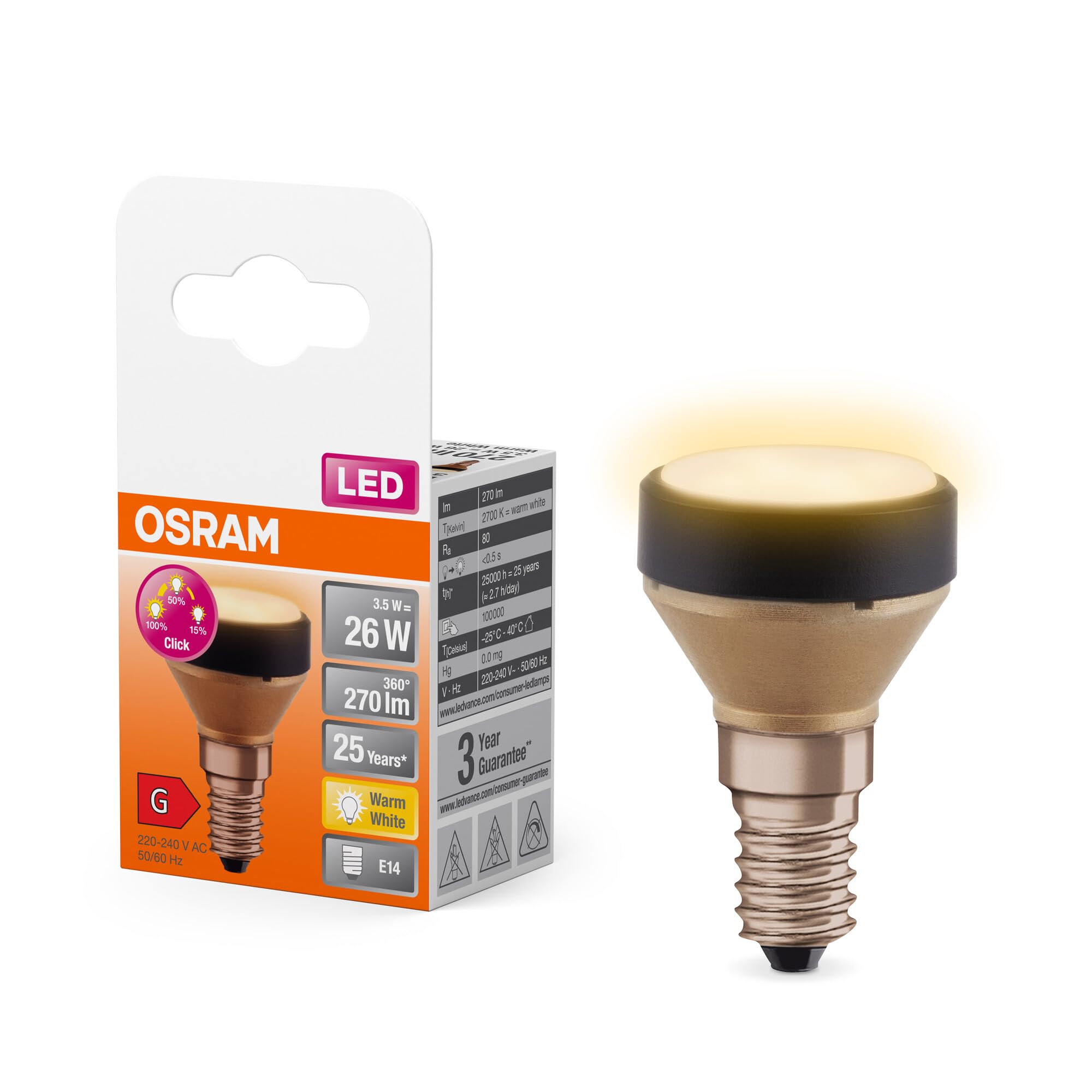 Osram Flat Lamp, ultra-kompakte und flache LED Lampe mit E27 Sockel, ersetzt herkömmliche 26W Glühbirnen, warmweiß (2700K), sparsam mit 3.5W Verbrauch, 3-stufig dimmbar per Wandschalter, 6er-Pack