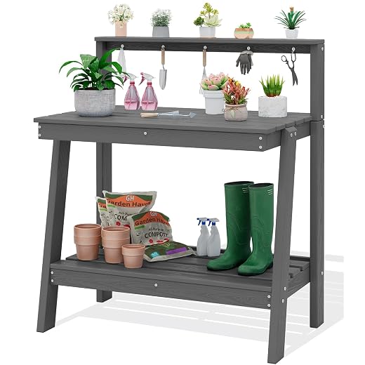 SERWALL Potting Bench Outdoor with Storage, 3-Tier HDPE Gardening Table with Angled Legs & Tool Hooks, All-Weather Heavy Duty Potting Table for Patio, Backyard, Garden, Grey