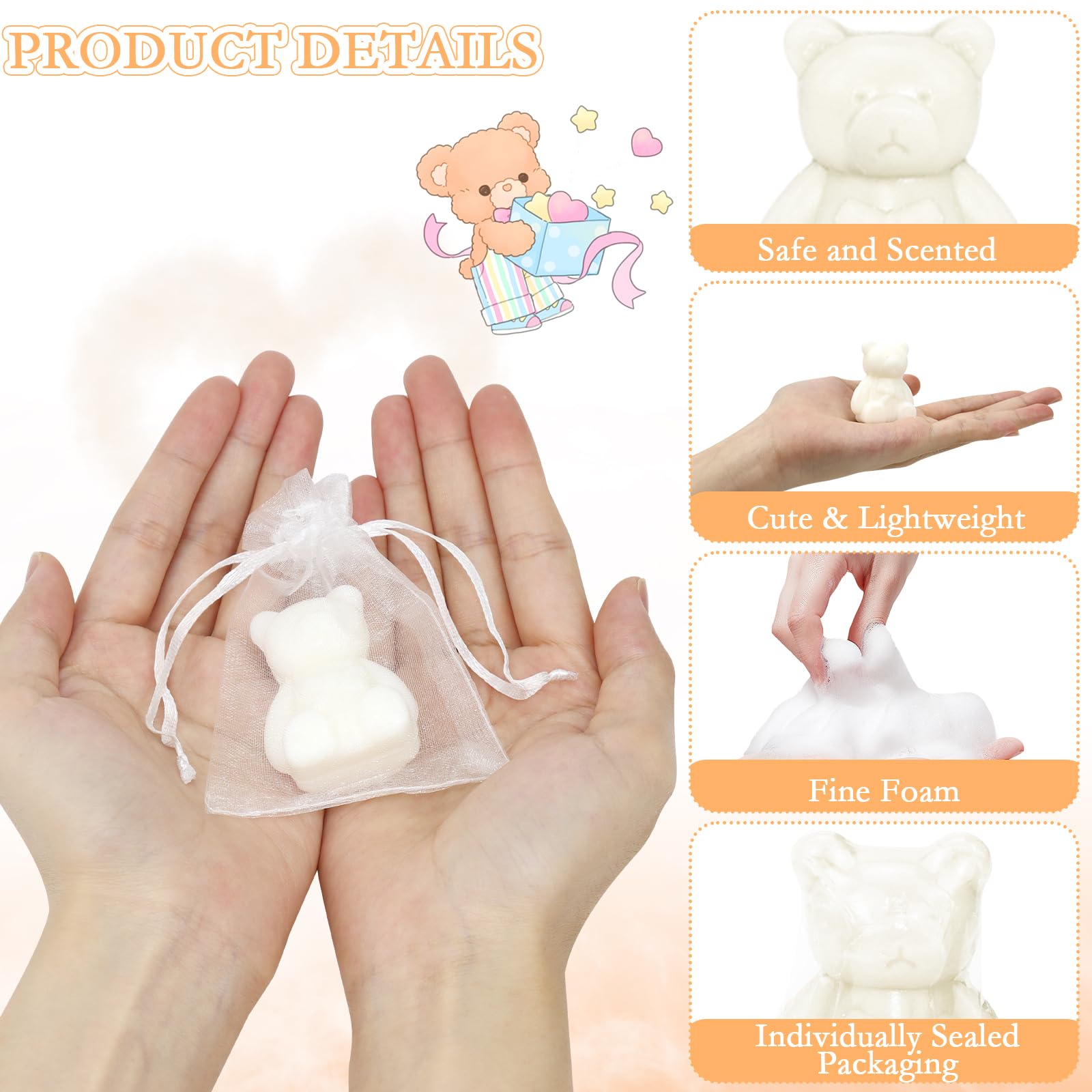 50 confezioni di saponette profumate bianche a forma di orso per baby shower, bomboniere in bulk, mini saponette da bagno carine fatte a mano con bigliettini "Grazie" per feste per bambini, ragazzi