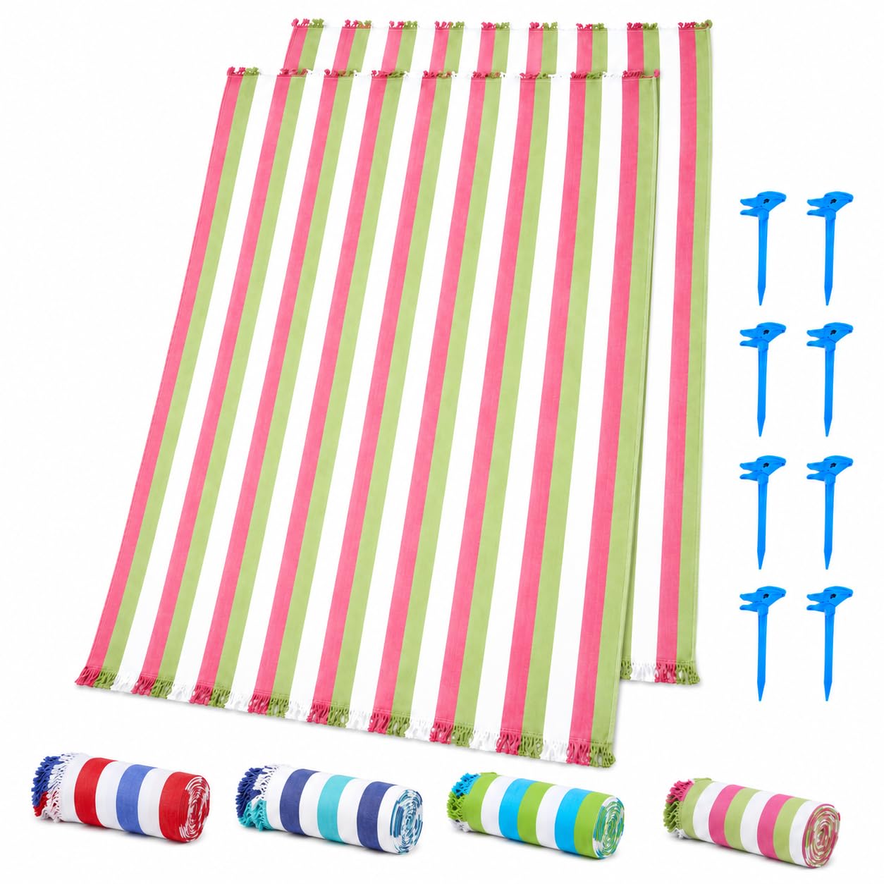 Pincho Lot de 2 grandes serviettes de plage avec pinces pour sable avec 4 pièces, anti-sable et séchage rapide XL 140 x 180 cm, rayures multicolores pour piscine et camping, avec franges