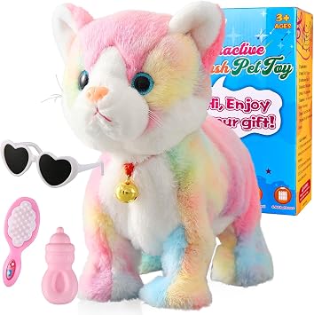 Colorful Robot Cat Plush Stuffed Animal Interactive Cats Meow Kitten Touch Control, Electronic Pet, Robotic Kitty Toy, Animated Toy Cats for Girls Baby Kids L12"