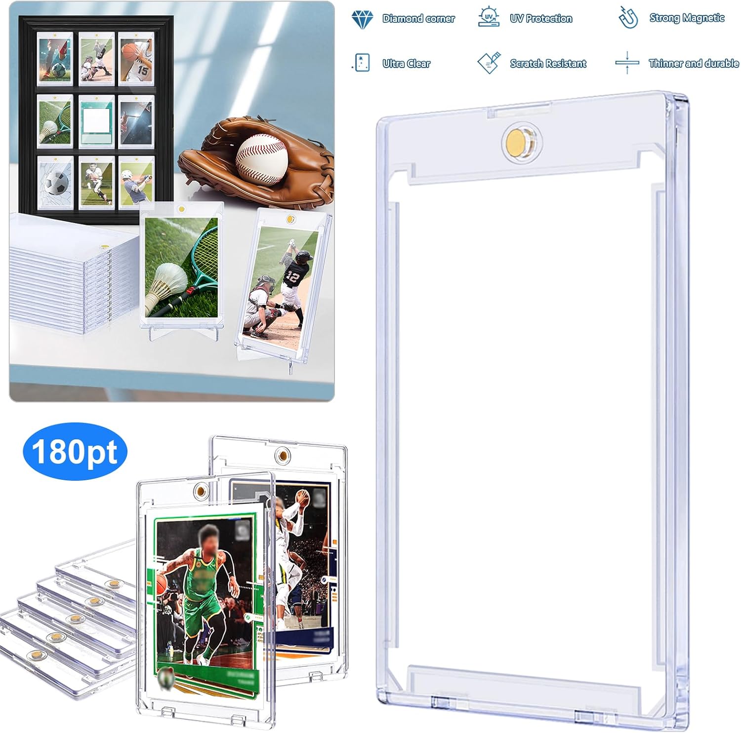 Magnetic Card Holders, Magnetic 180pt One Touch Card Holders, U-V Protection Hard Plastic Display Case for Trading, Sports, Baseball, Football, Game Cards (100 Pack)
