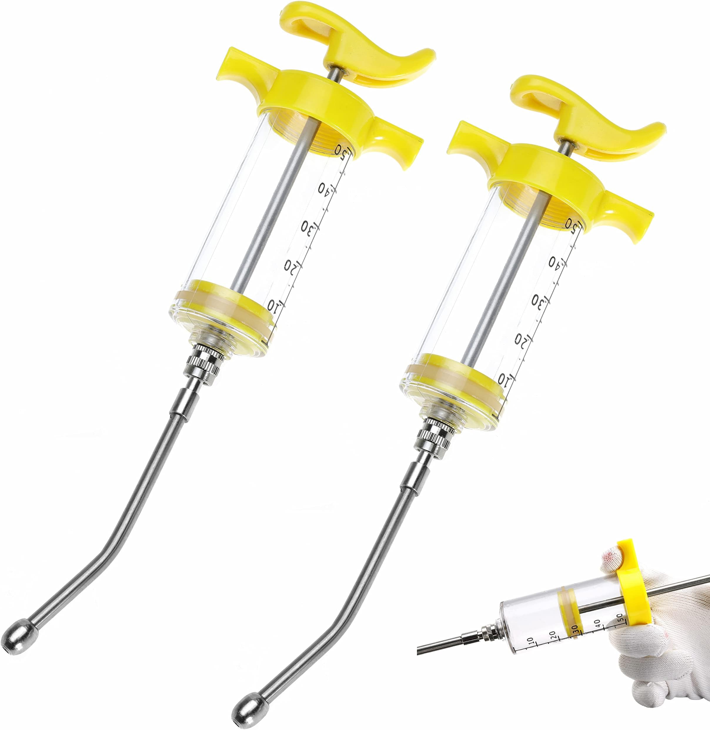 Goats Syringe with 2 Drench Nozzle Adjustable Dosage Reusable Drench Syringe for Sheep Goat (2pcs yellow, 50ML)