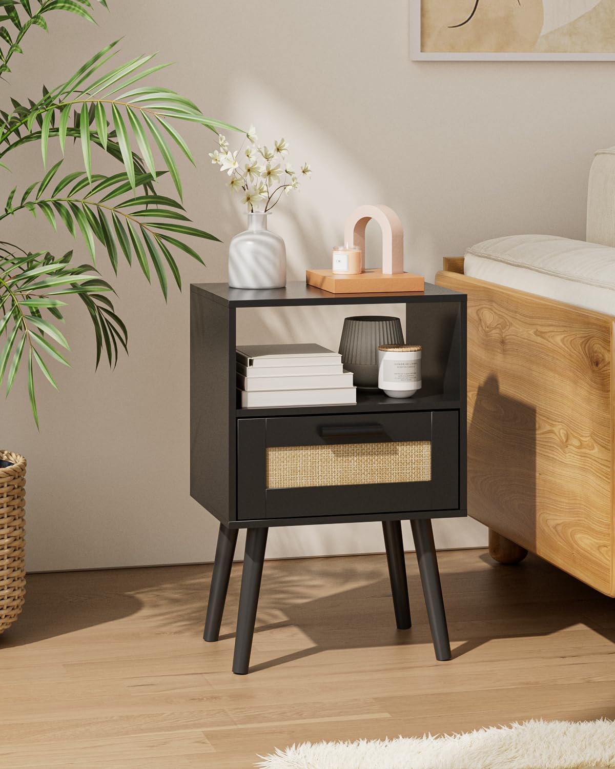 HEYZOEY Bedside Tables, Black Bedside Table with Hand Made Rattan ...