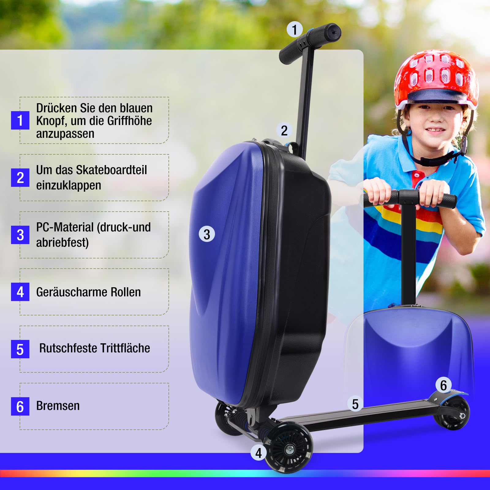 Icoget Maleta para patinete infantil 2 en 1 de viaje, maleta plegable de mano con 3 ruedas, color azul