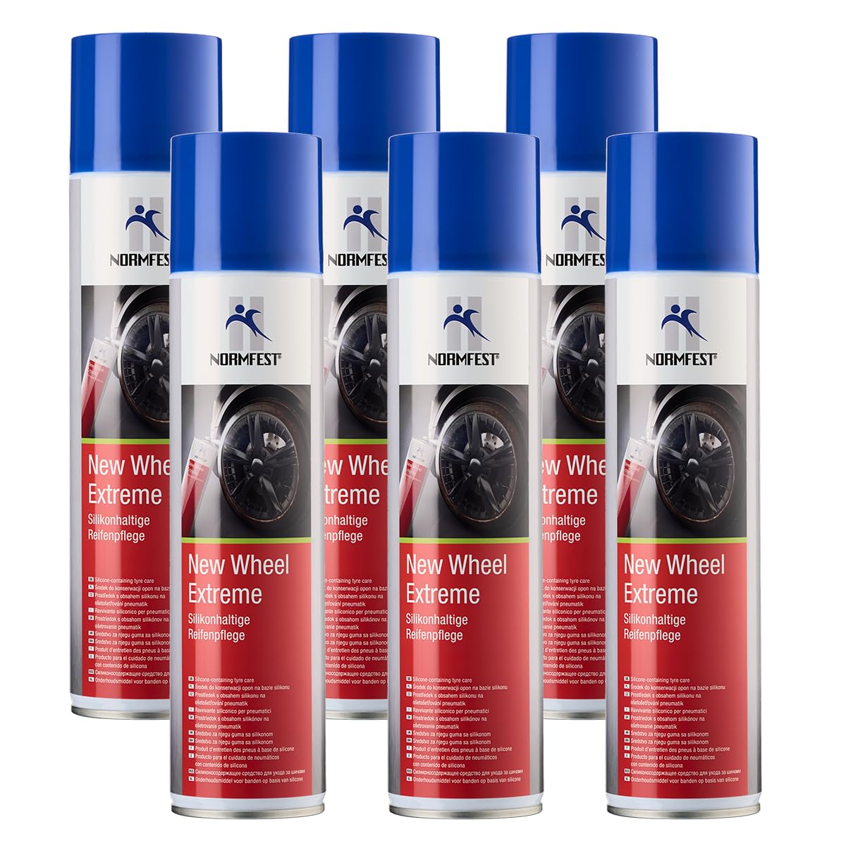 Normfest New Wheel Extreme –silikonhaltiges Reifenpflege-Spray für tiefschwarzen Glanz, wasserfest & wetterbeständig, schnelltrocknend, einfache Anwendung für PKW, SUV, Transporter & Motorrad 6x 400ml
