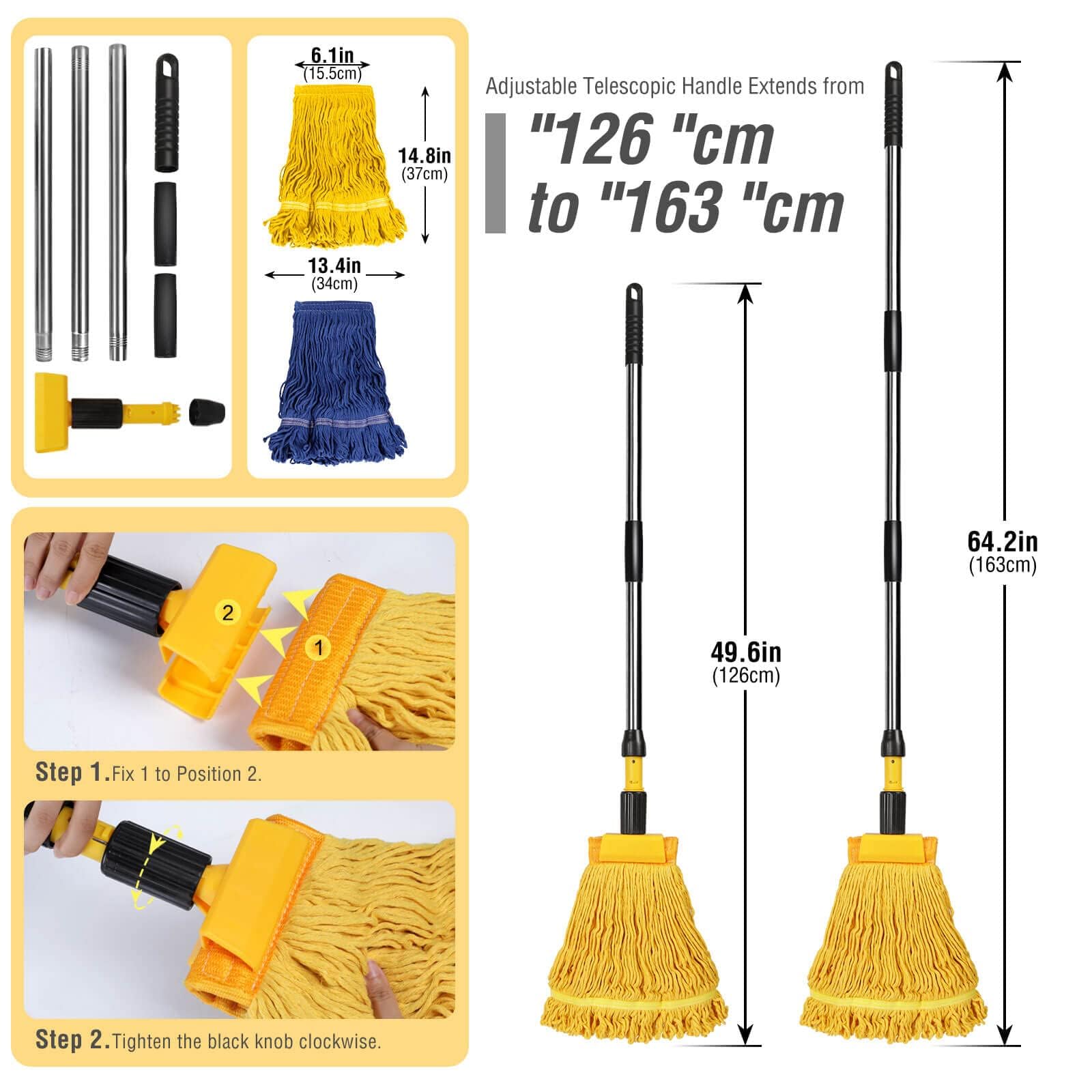 Commercial Mop, Looped-End String Industrial Mop, Heavy Duty Mops with 2 String Cotton Mop Heads for Floor Cleaning, Blue/Yellow
