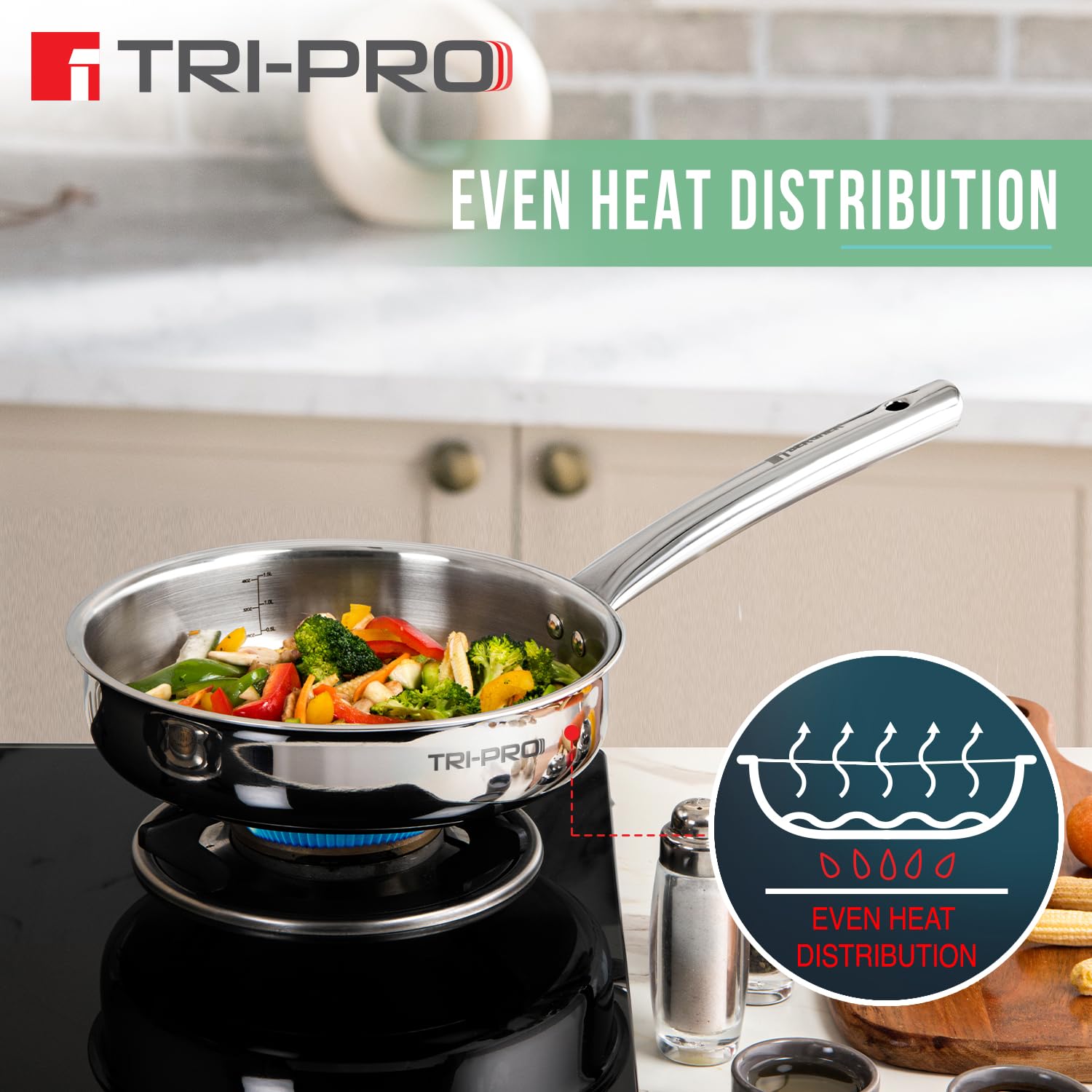 BERGNER TriPro Tri-Ply Stainless Steel 26cm (3L) Sautepan/Deep Frypan with Stainless Steel Lid Ergonomic Stay Cool Handle Fast and Even Heating Less Oil Use - Induction and Gas Stove Ready 2