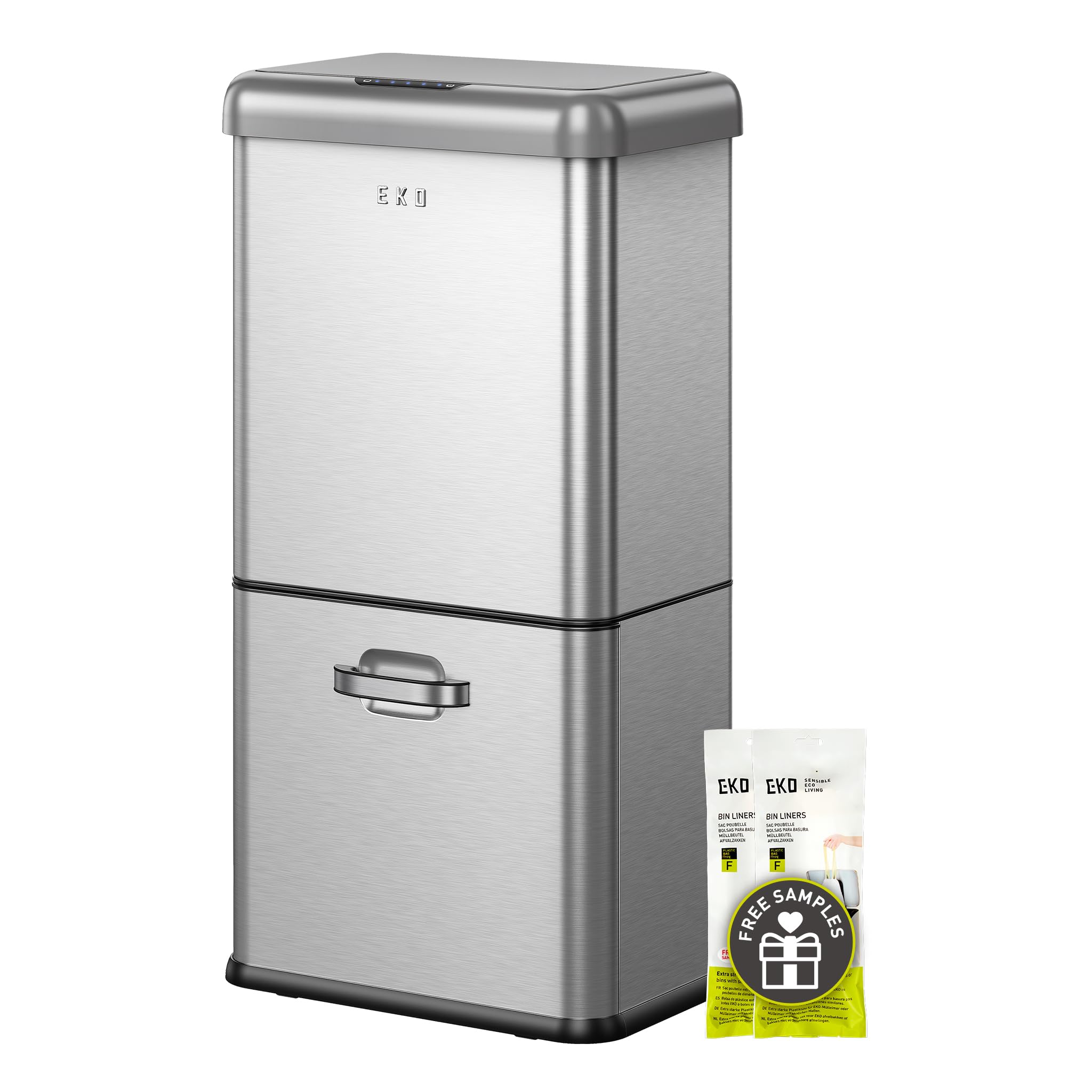 EKO Vintage 50L Mülleimer Sensor, Mülleimer 2 Fächer 32L + 18L, Mattes Edelstahl Küchenabfalleimer, Berührungslos Automatischer Recycler Mülleime mit Deckel für Zuhause oder Büro, Soft Closing