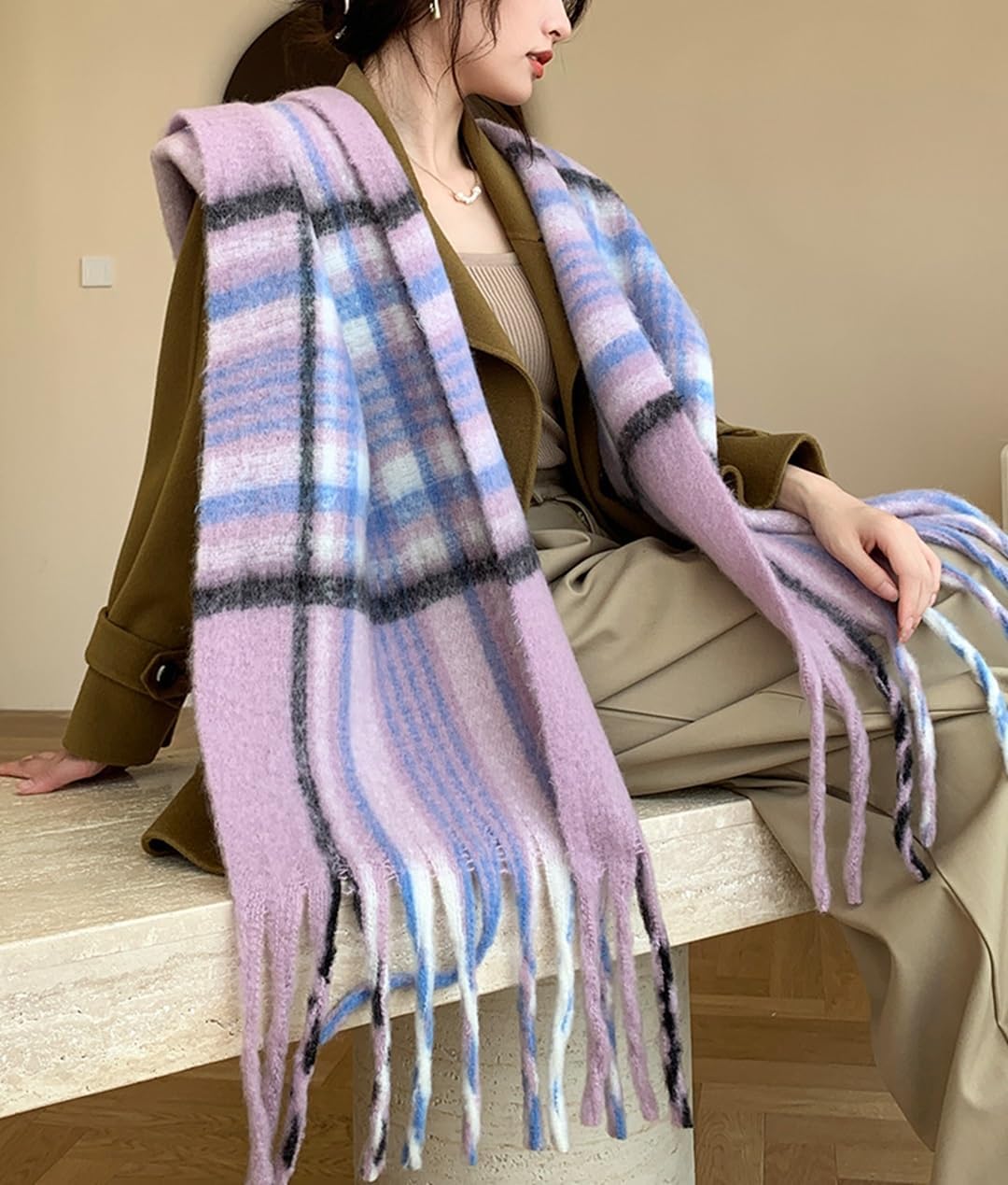 Wander Agio Winter Women Warm Scarf Long Shawl Large Scarves Cold Weather Thicker Blanket Wrap Colour Plaid Stripe - Image 2