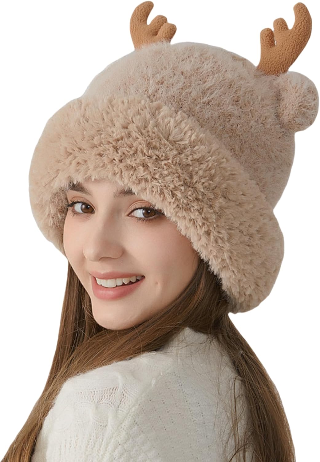 RARITYUS Women Warm Hat Cute Reindeer Antlers Knitted Winter Hats Crochet Earflap Knit Cap Beanie for Adults Kids