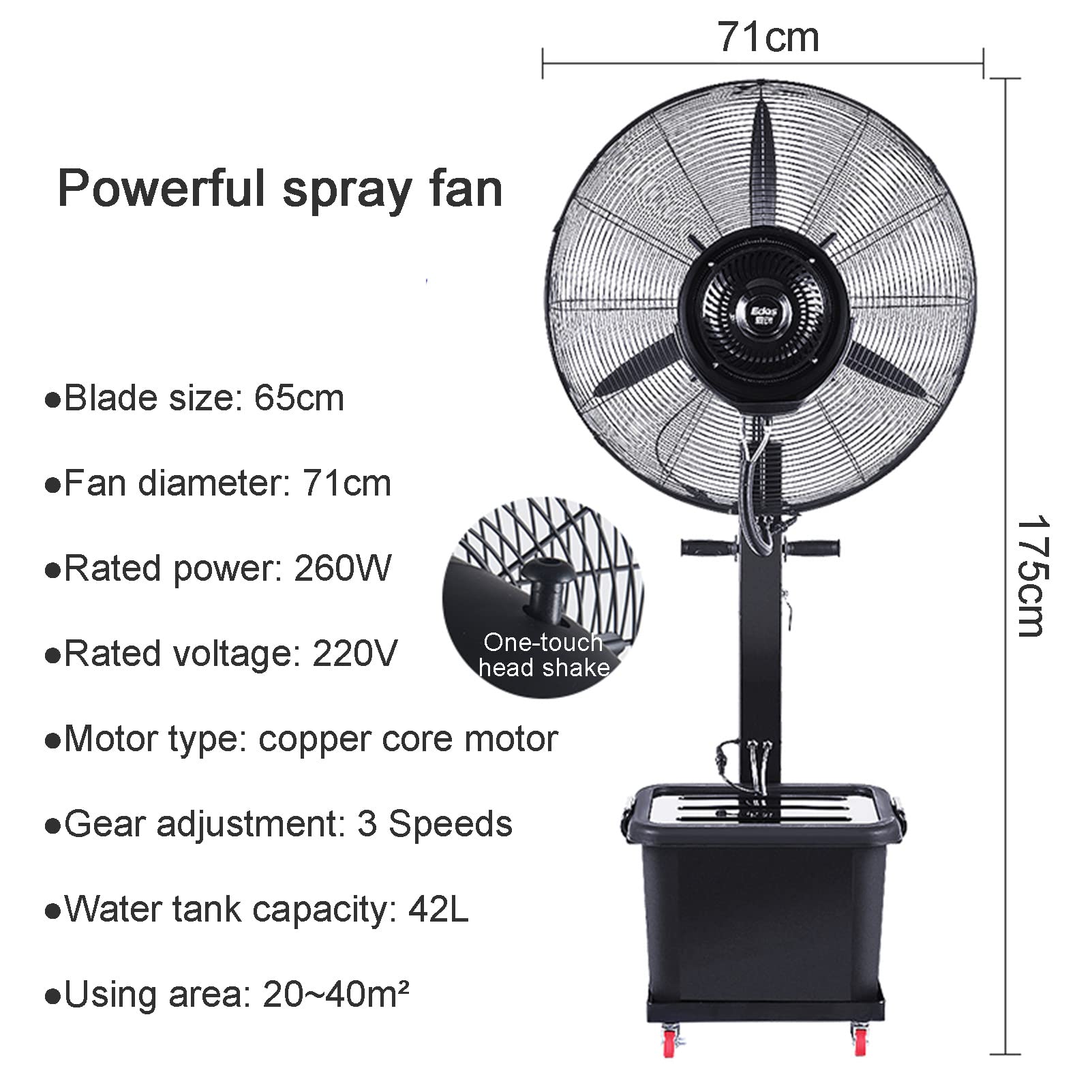 KaBuea Ventilatore da pavimento oscillante con nebulizzatore, 3 velocità regolabili, funzione nebulizzante e umidificante, ventilatore professionale per casa, ufficio e negozio(Black,65cm)