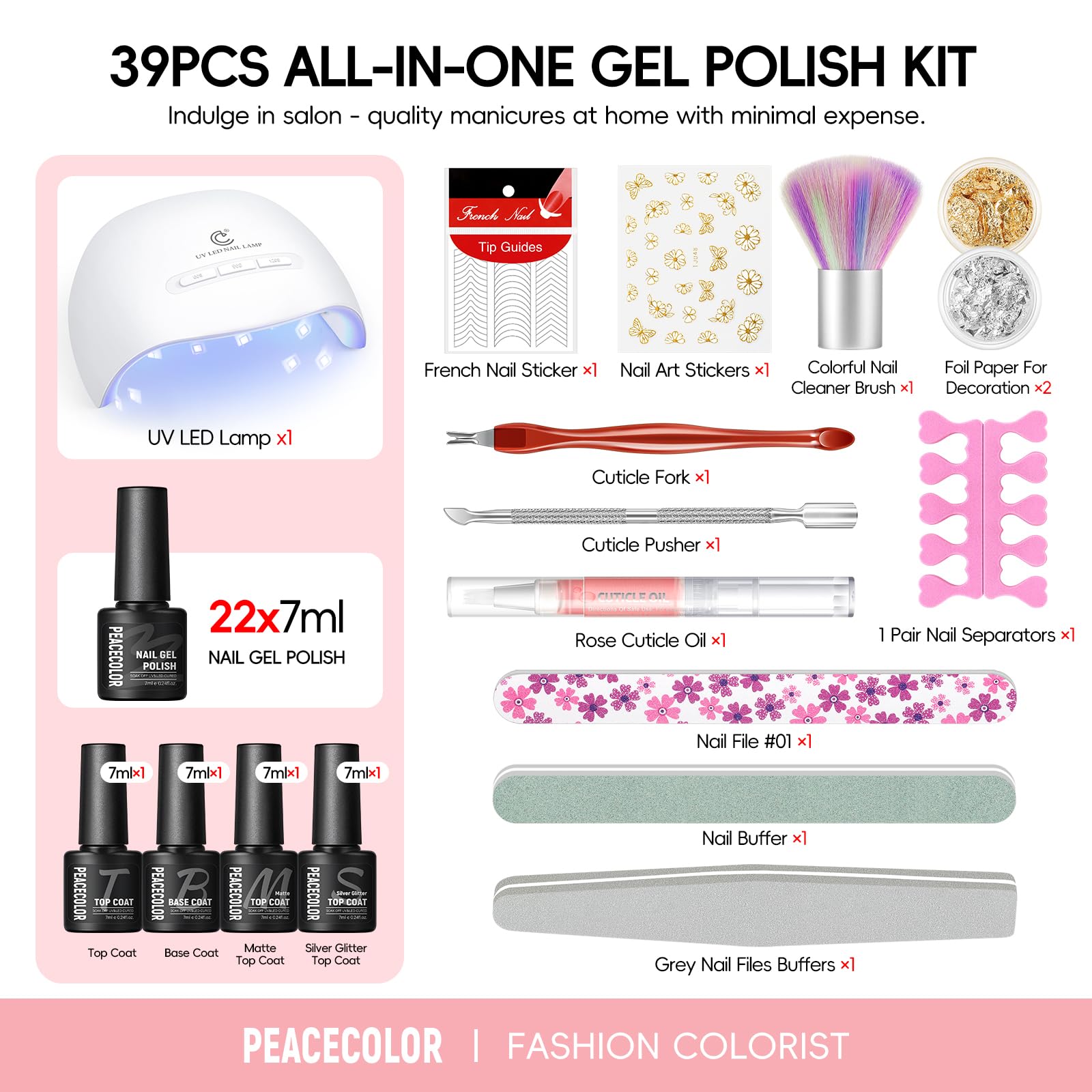 PEACECOLOR 44 Pezzi Kit Semipermanente Unghie, 22 Colori Smalti Semipermanenti per Unghie con Lampada UV Led, Top Base Opaco Glitter Coat,per Principianti Fai da Te