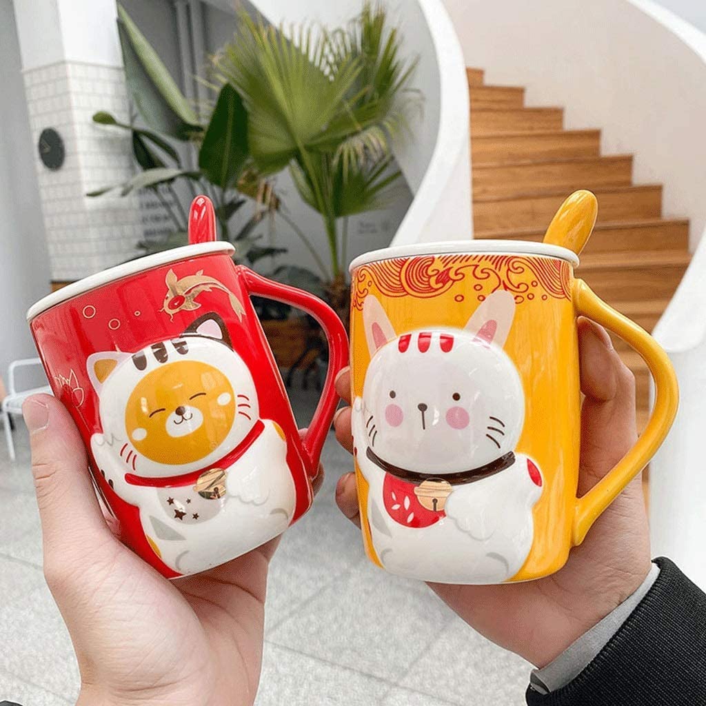 Tazas de Té Tazas Desayuno Linda Taza de cerámica con Forma de Gato, Taza con Tapa y Cuchara, Taza de Gran Capacidad para la Oficina en el hogar Tazas Tazas de Cafe (Color : A-Yellow)