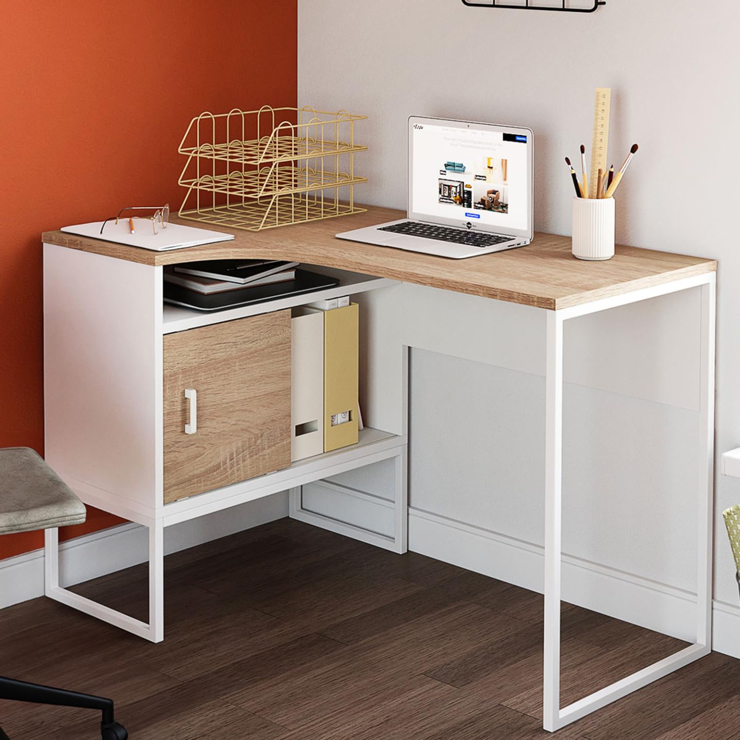 IDMarket - Escritorio de esquina Rob blanco y forma de haya nicho de almacenamiento y puerta de diseño industrial