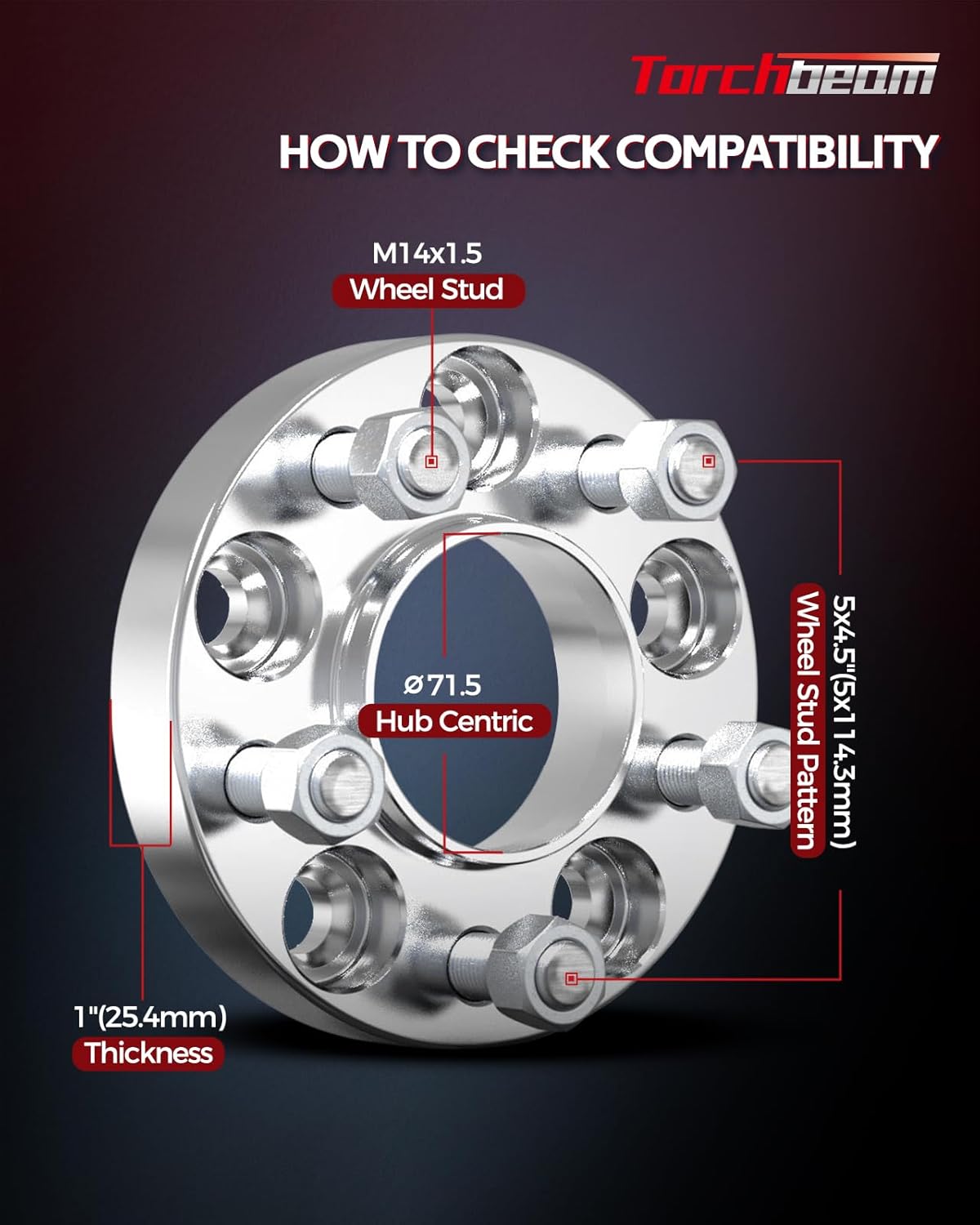 Torchbeam 5x4.5 1 inch Wheel Spacers for GT, 71.5mm Center Bore & M14x1.5 Studs
