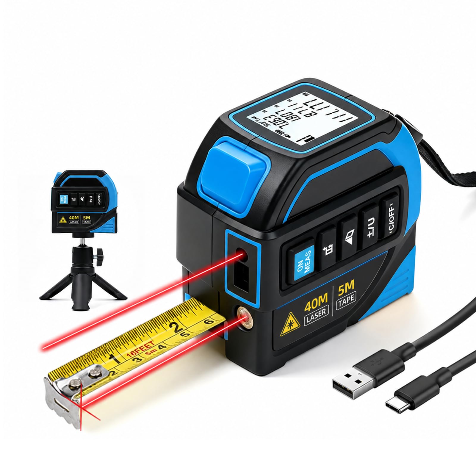 Ruban à Mesurer Laser 4 en 1, 40m Telemetre Laser + 5m Metre Ruban, 16m Ligne Croisée et Trépied, Grand Écran LCD (m/ft/in), pour Bricolage, BTP, Professionnels