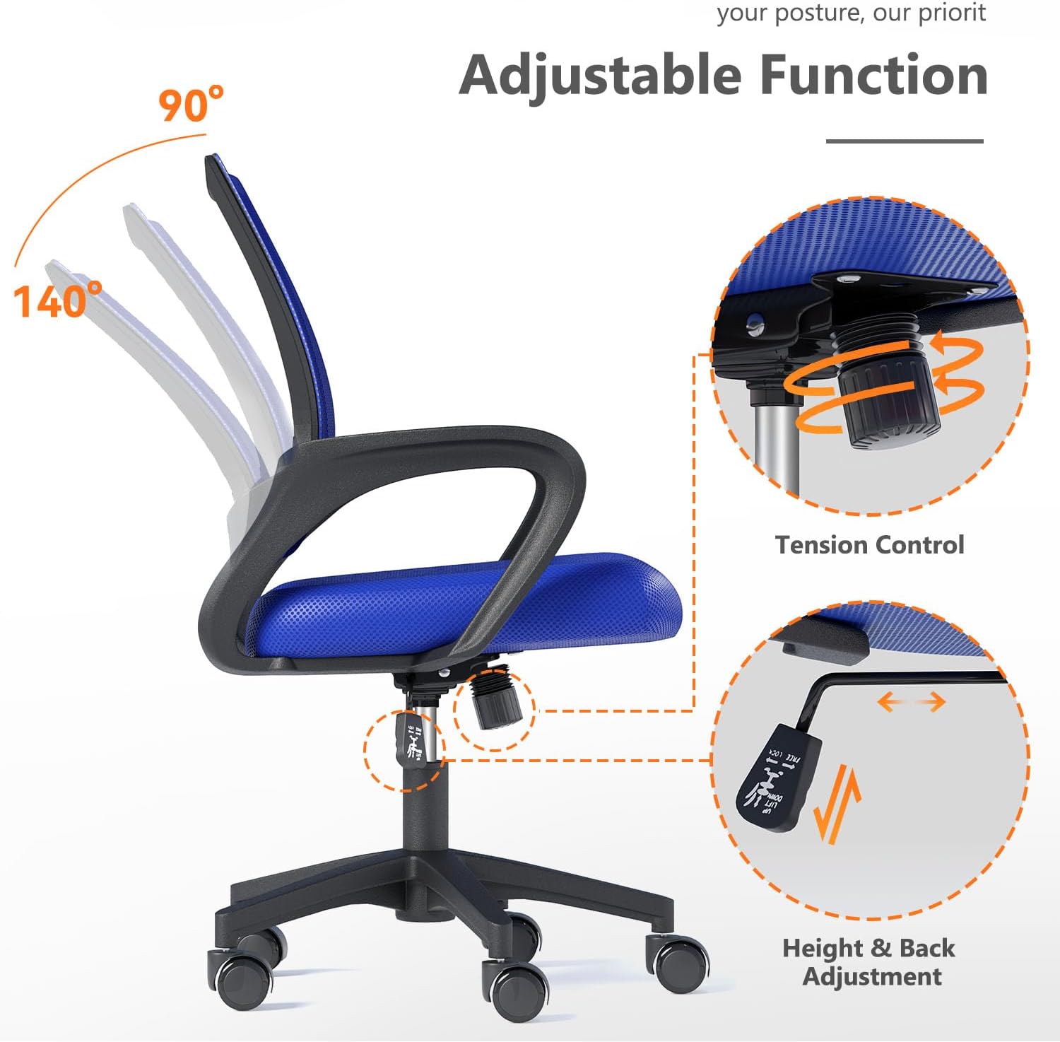Home Office Chairs, Ergonomic Mid-Back Mesh Desk Chairs with Lumbar Support, Adjustable Swivel Rolling Design, Comfy Armrest for Work, Study, Gaming, Vanity, Navy Blue, 2 Pack - 4