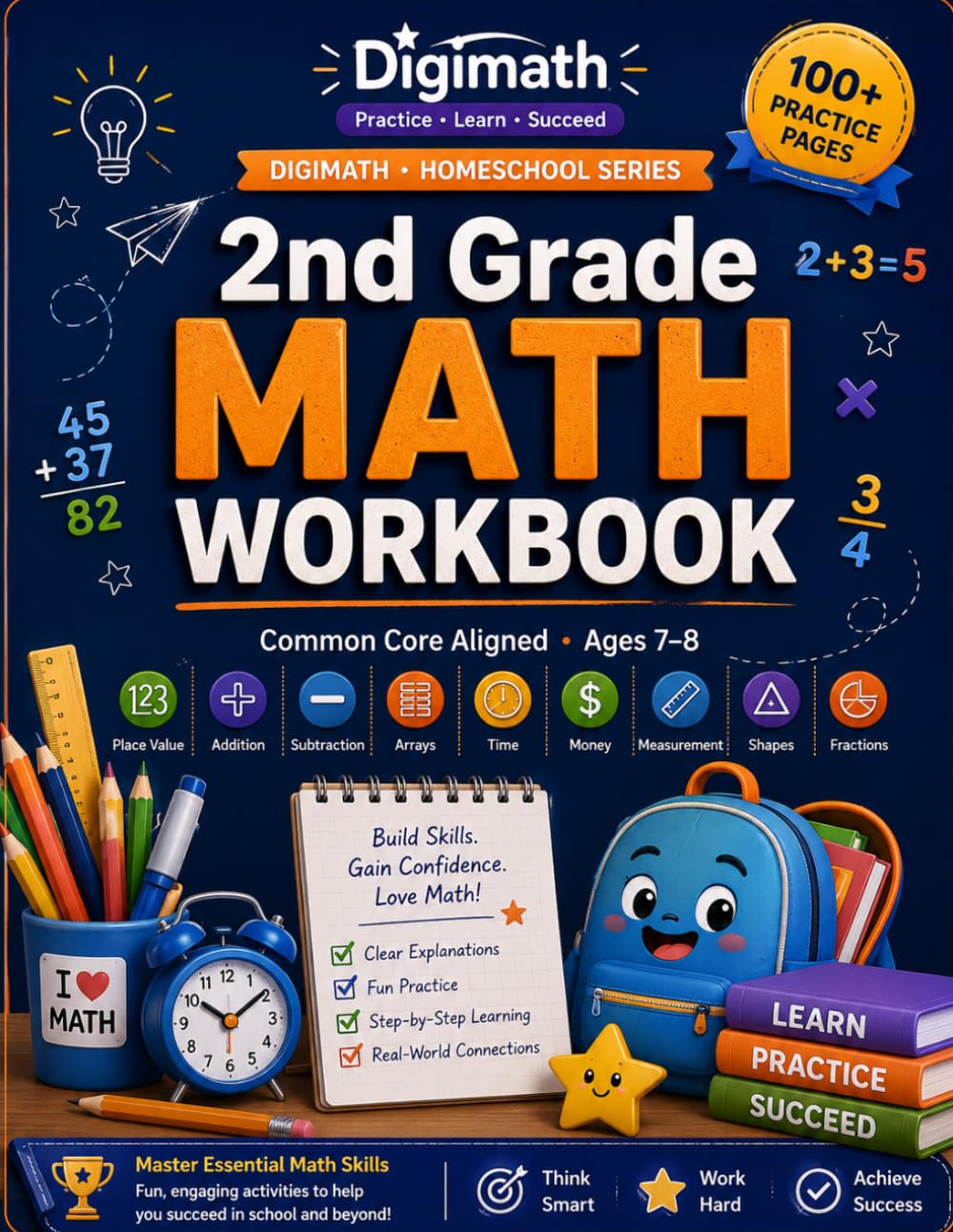 The Complete 2nd Grade Math Workbook: Common Core Aligned Practice — Place Value, Addition, Subtraction, Time, Money, Arrays & Fractions | 100+ No-Prep Pages with Answer Key (Ages 7–8)