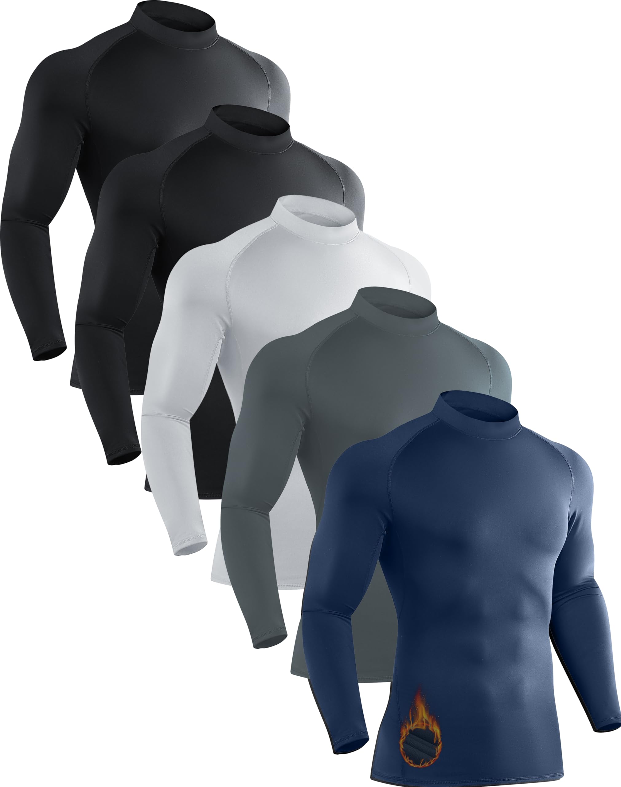 5 Pack Men's Thermal Turtle Mock Neck Shirts Long Sleeve Compression Fleece Lined Shirts Undershirt Base Layer Tops