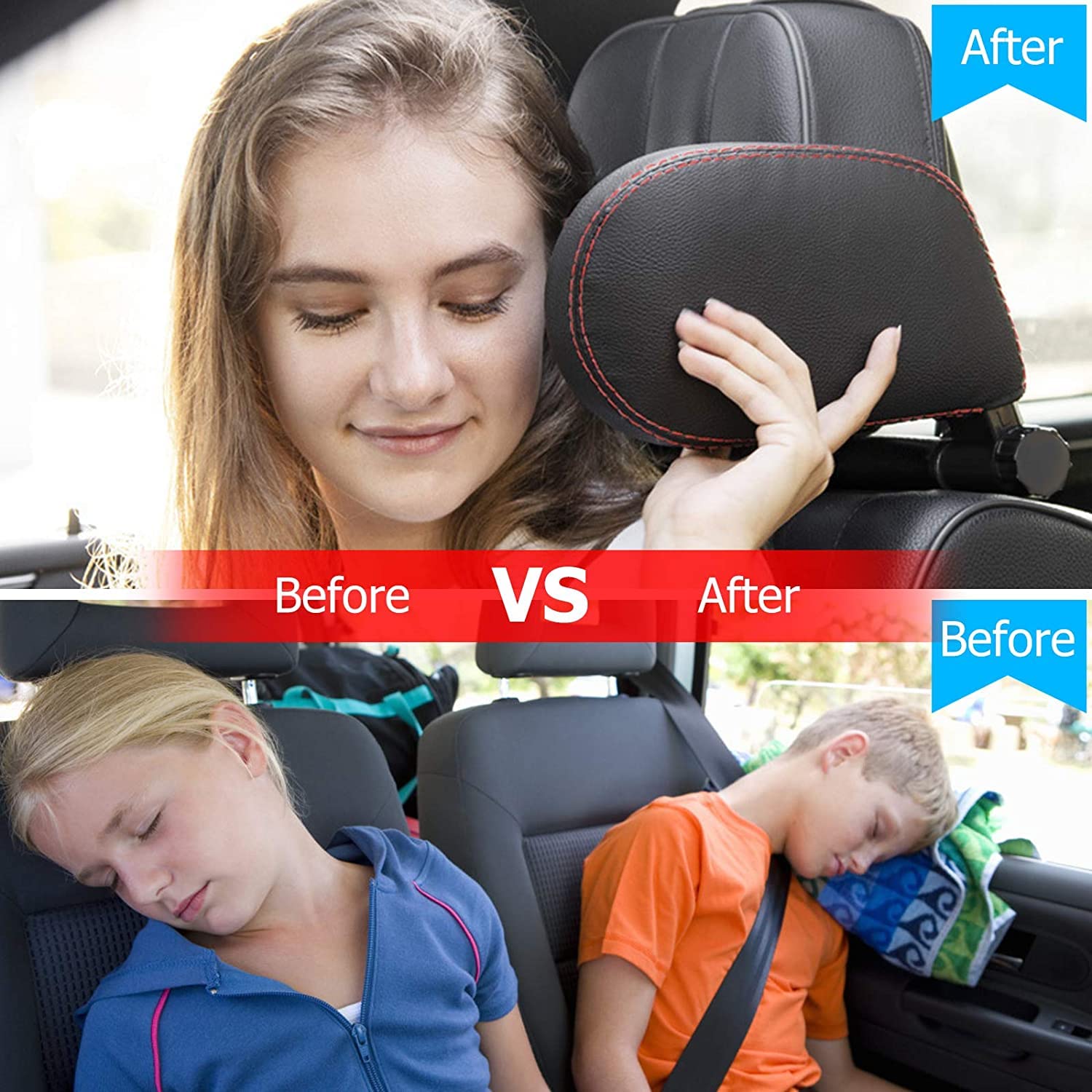 Appuie Tete Voiture, Voiture Oreillers Repose Tete Voiture Réglable, Appuie-Tête Latéral de Siège Auto en Cuir PU avec Coussin Mémoire, Confortable Support de Cou pour Voyage Adulte Enfants