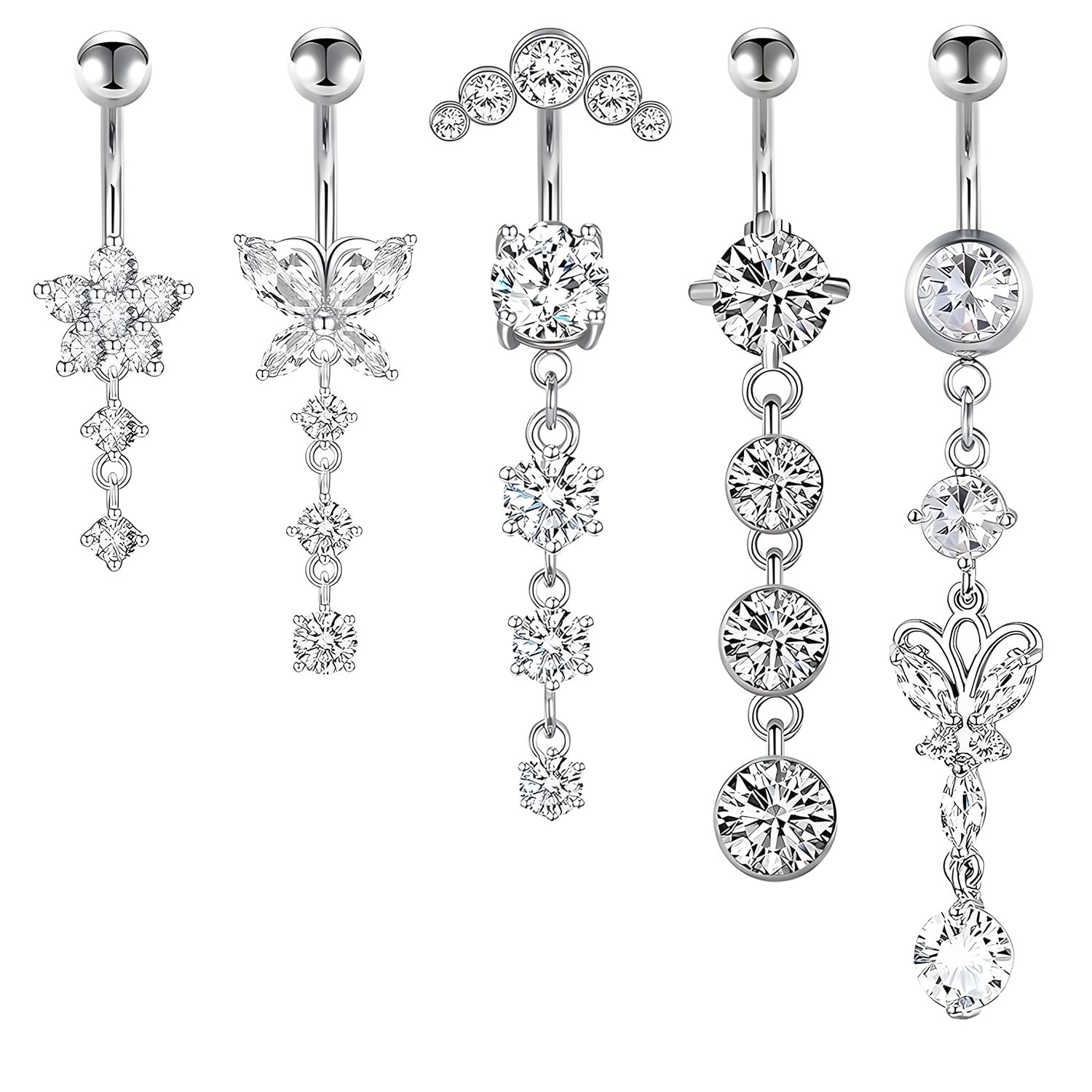 YAWYO Lot de 5 Piercings Nombril en Acier Inoxydable Bijoux Pendants avec cœur et Noeud pour Femmes et Filles (Argent)